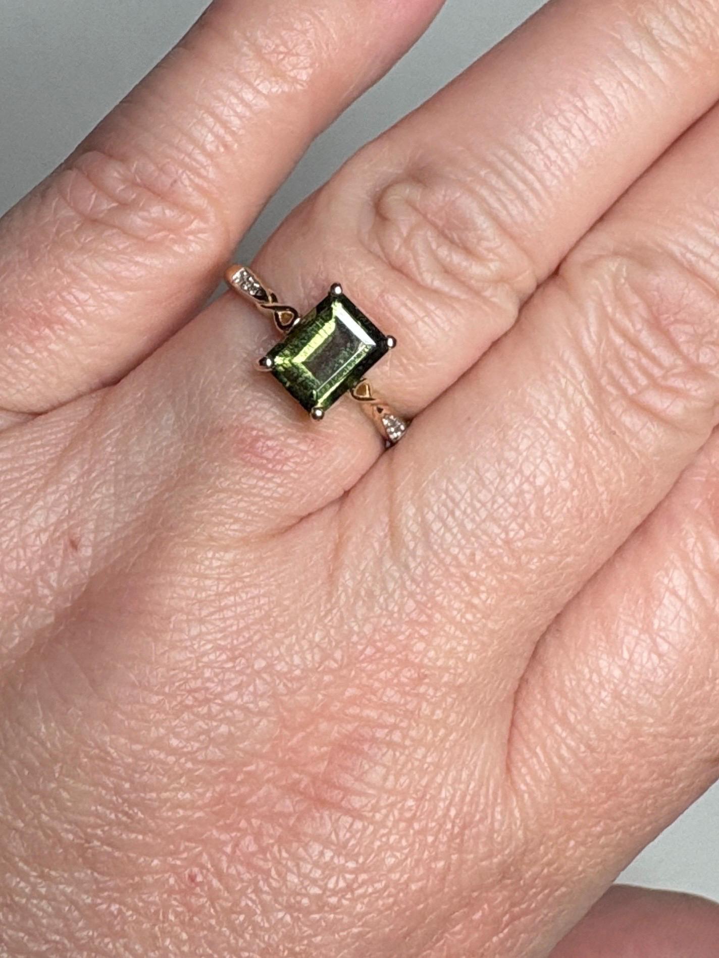 Moldavite Solitaire Emerald Cut Ring Solid 9k Gold size 7 - NewLifeJewelryVault