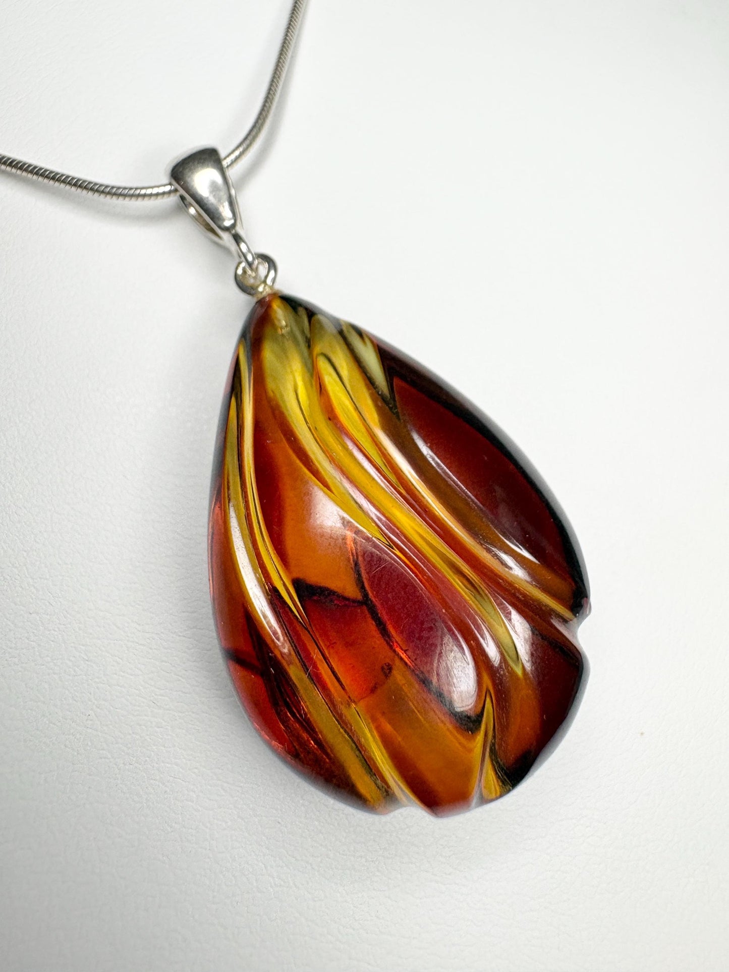 Baltic Amber Carved Pendant Necklace Sterling Silver 18" - NewLifeJewelryVault
