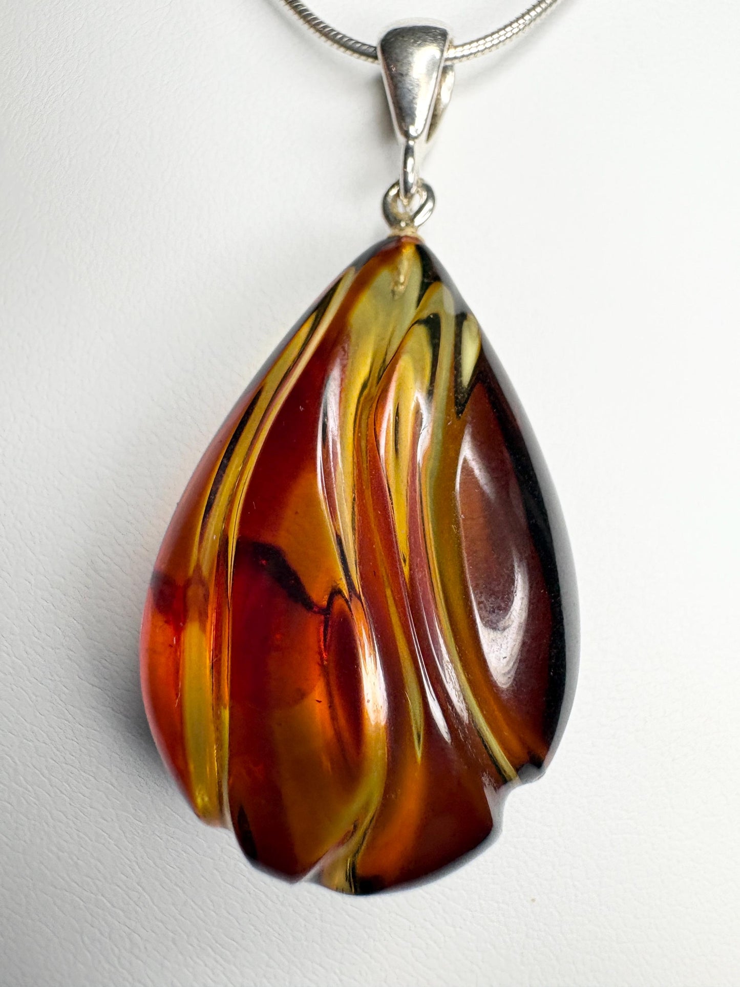 Baltic Amber Carved Pendant Necklace Sterling Silver 18" - NewLifeJewelryVault