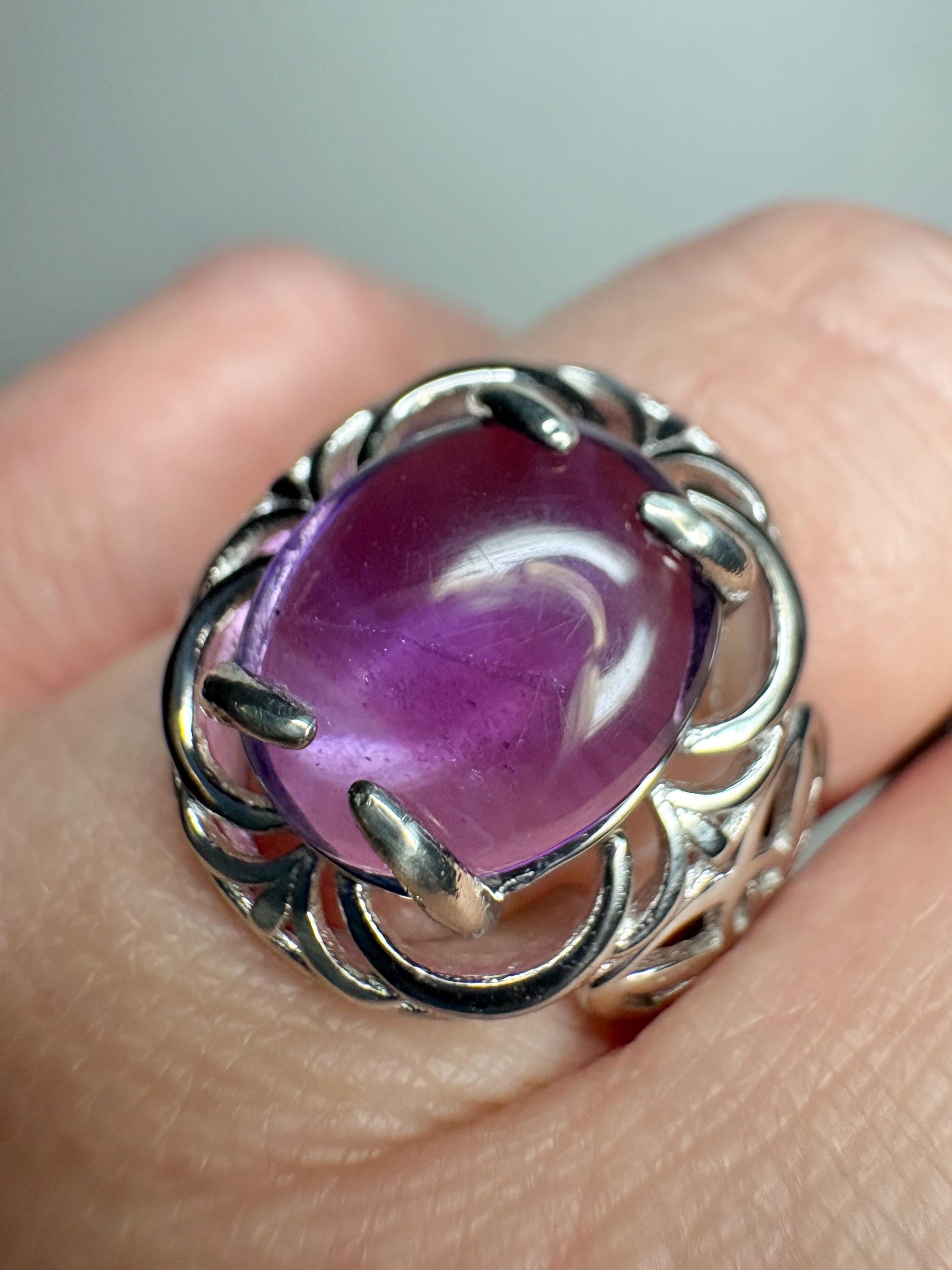 Amethyst Arizona Four Peaks Cabochon Unique Floral Ring Sterling Silver size 7 - NewLifeJewelryVault