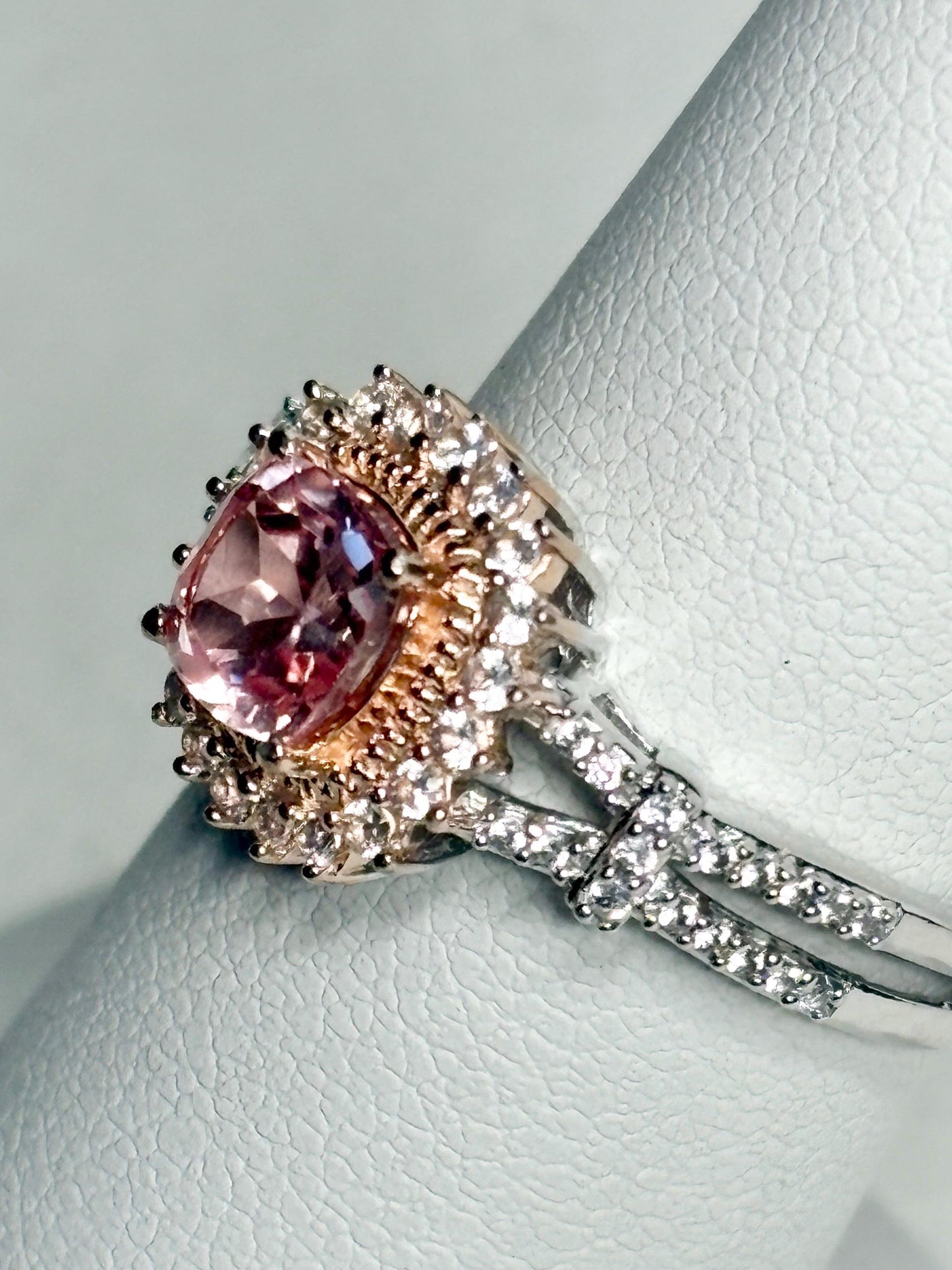 Simulated Morganite Halo Ring in Sterling Silver size 6.75 - NewLifeJewelryVault