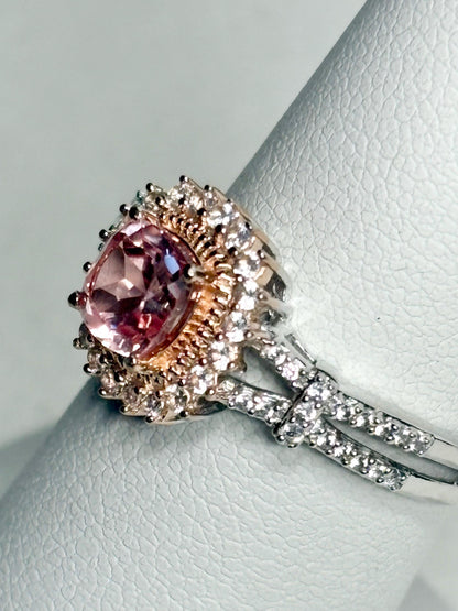 Simulated Morganite Halo Ring in Sterling Silver size 6.75 - NewLifeJewelryVault