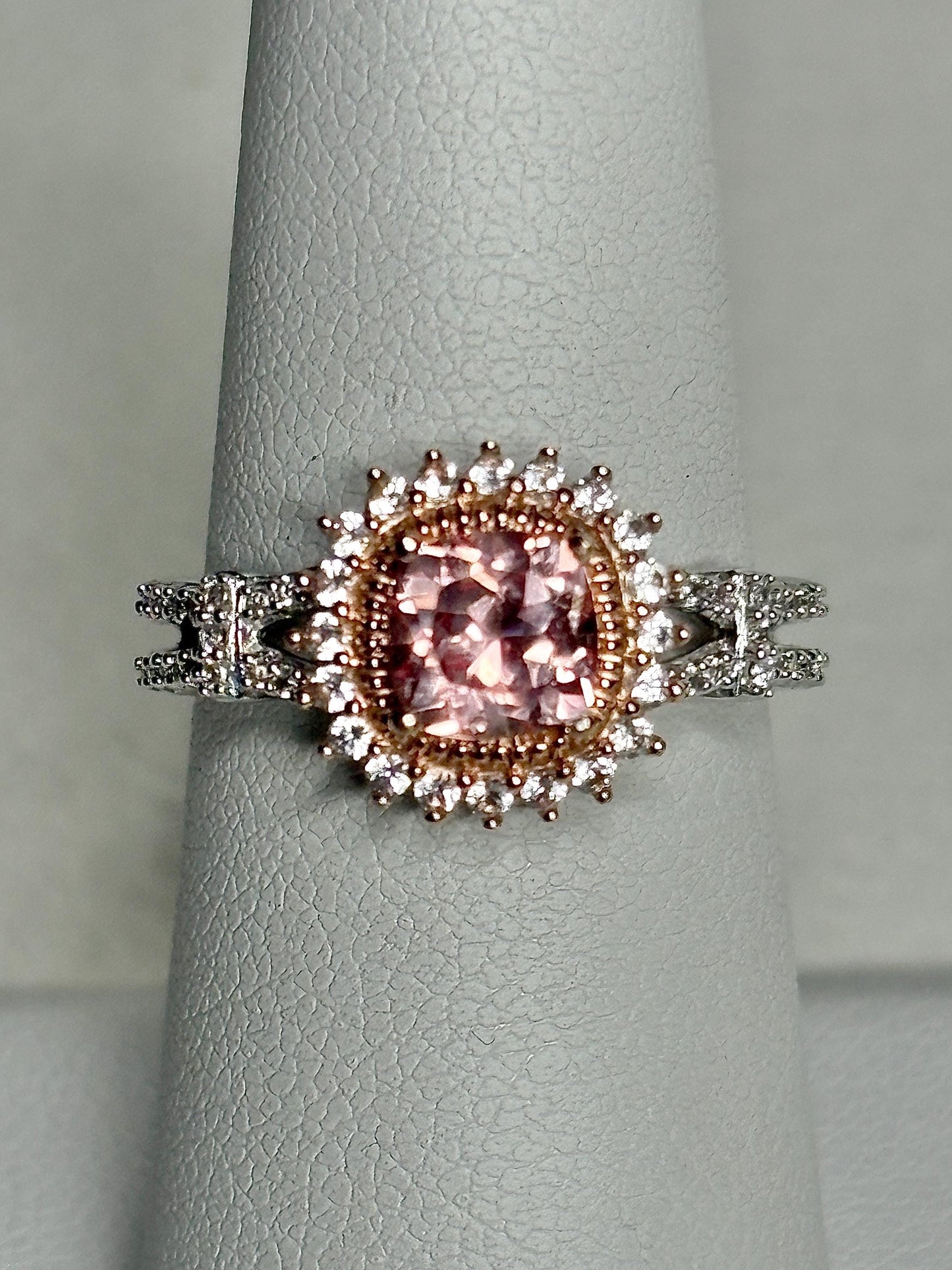 Simulated Morganite Halo Ring in Sterling Silver size 6.75 - NewLifeJewelryVault