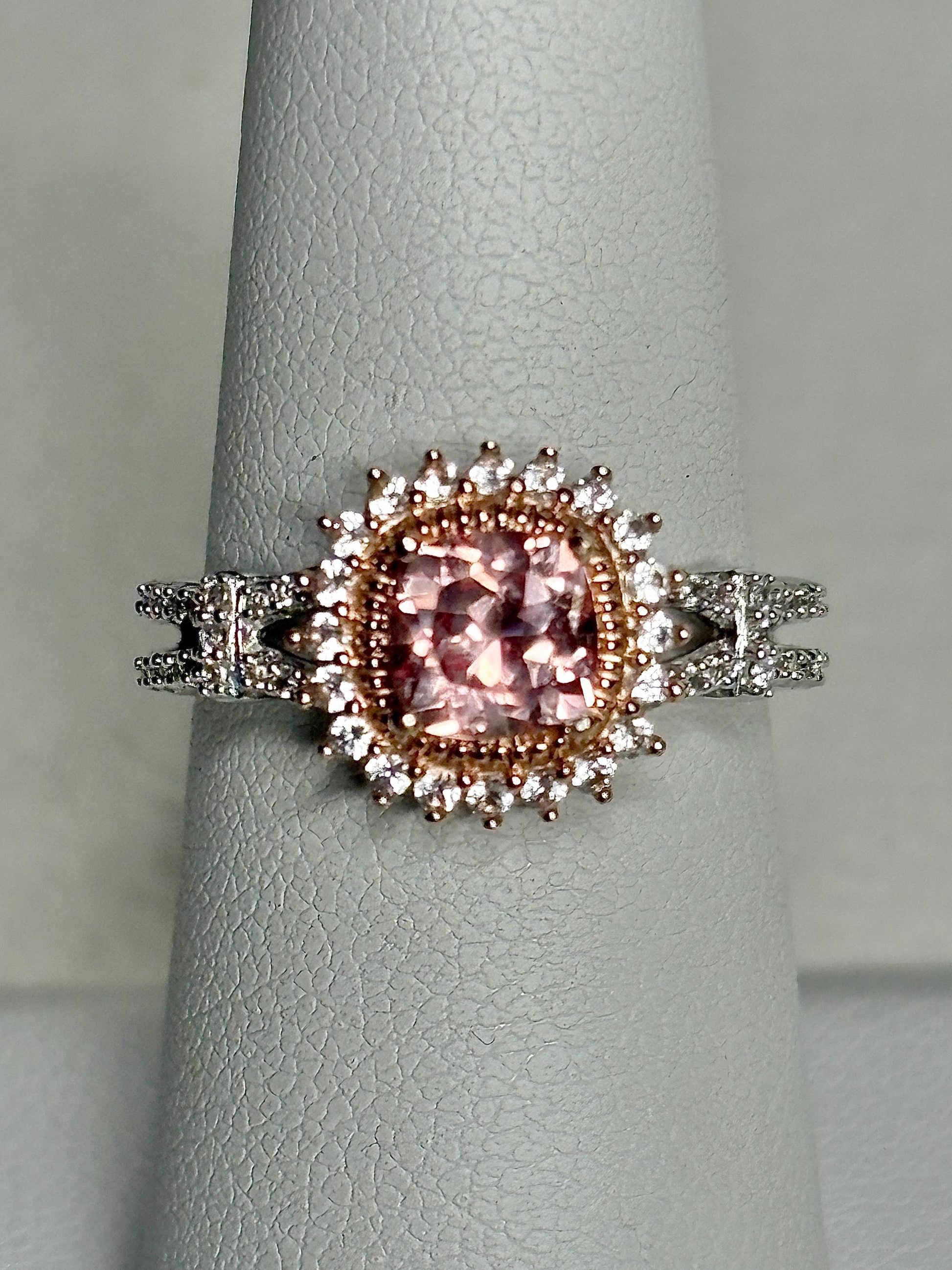 Simulated Morganite Halo Ring in Sterling Silver size 6.75 - NewLifeJewelryVault