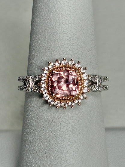 Simulated Morganite Halo Ring in Sterling Silver size 6.75 - NewLifeJewelryVault