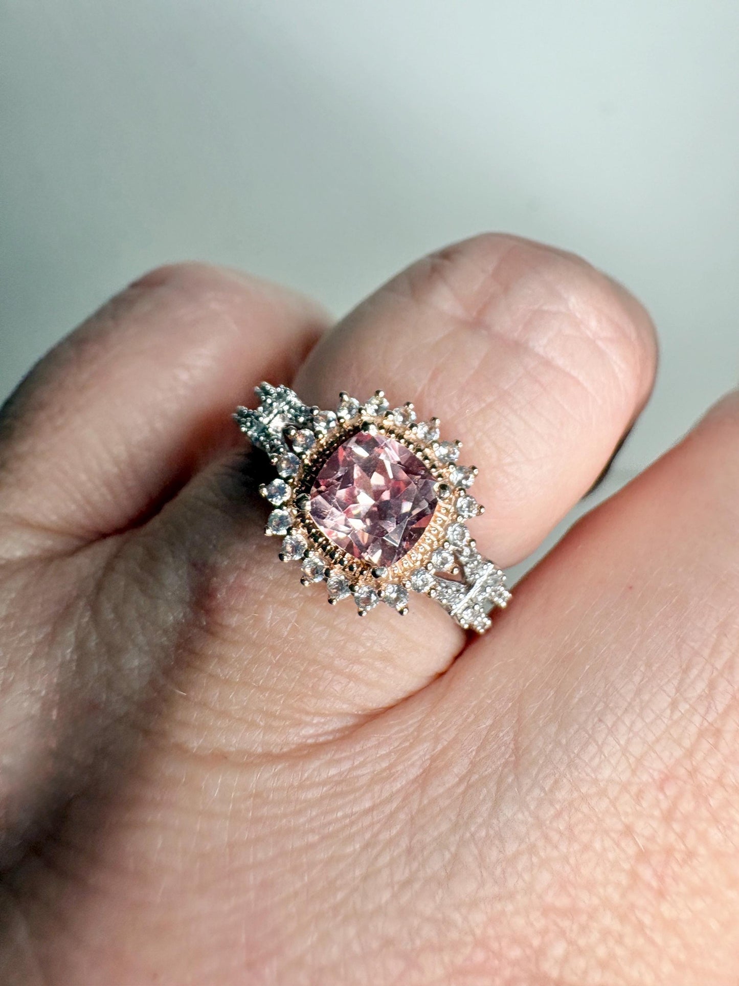 Simulated Morganite Halo Ring in Sterling Silver size 6.75 - NewLifeJewelryVault