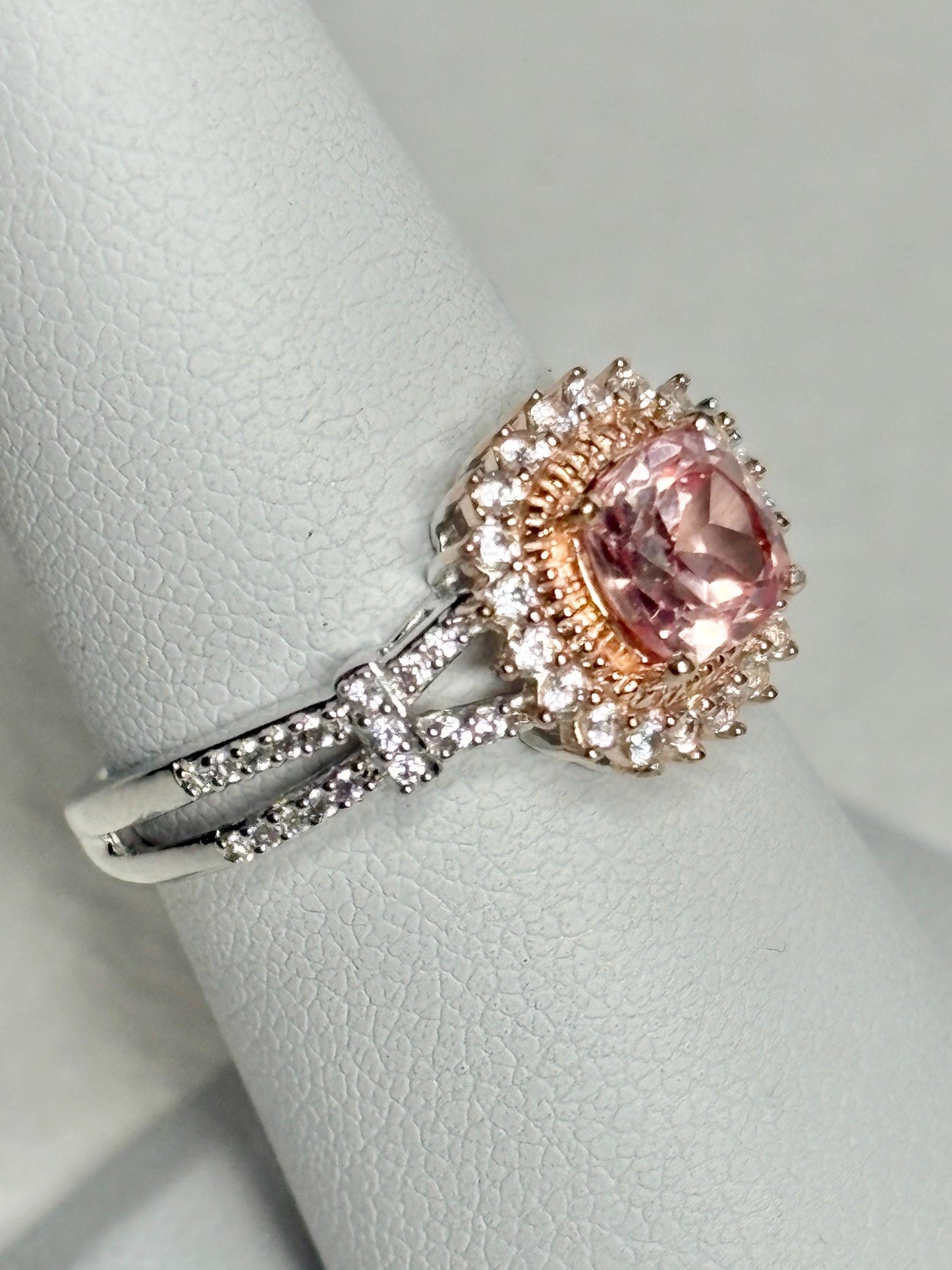 Simulated Morganite Halo Ring in Sterling Silver size 6.75 - NewLifeJewelryVault