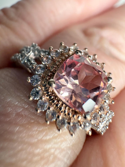 Simulated Morganite Halo Ring in Sterling Silver size 6.75 - NewLifeJewelryVault