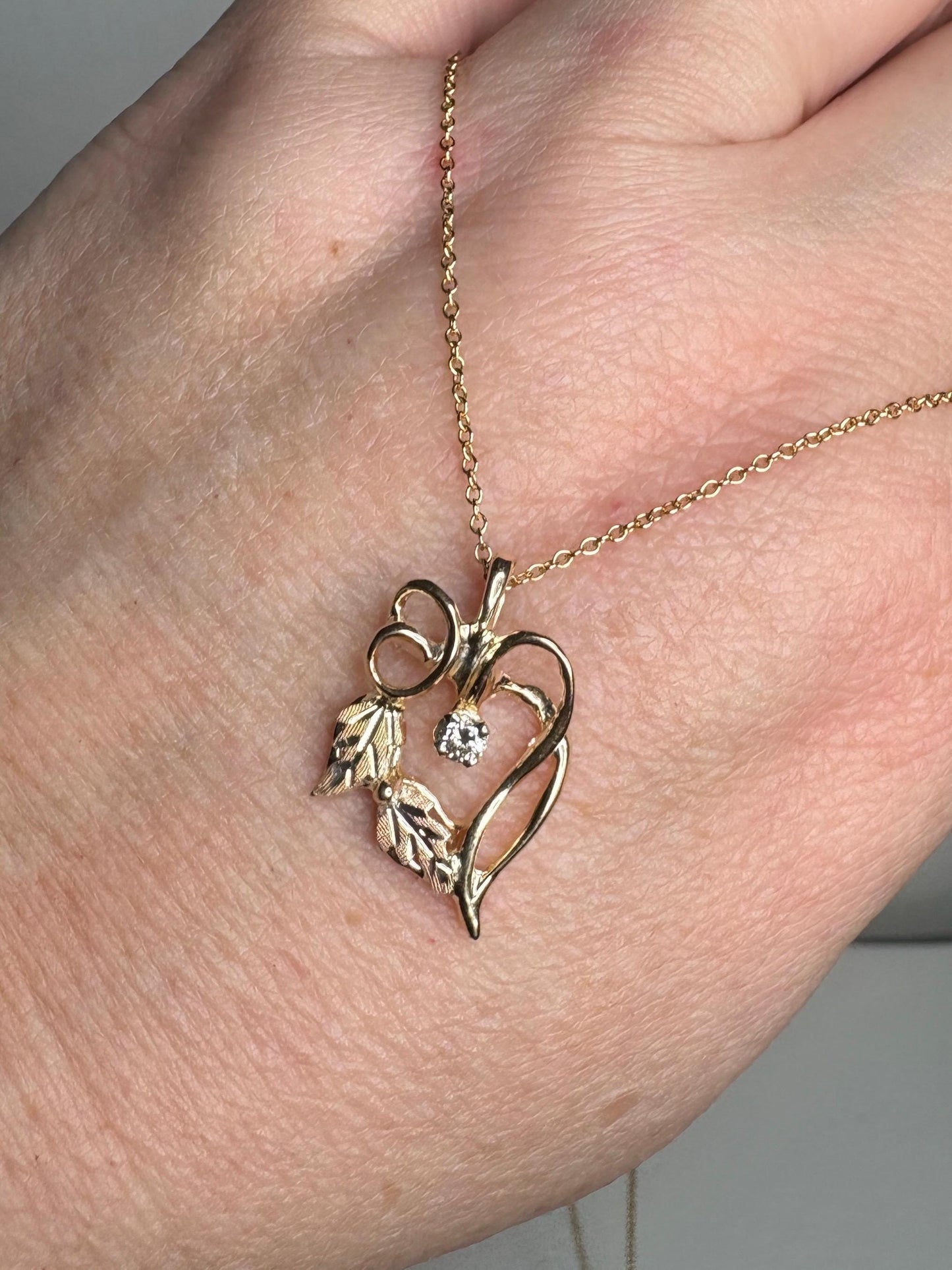 Black Hills Gold Free Form Diamond Heart Pendant Necklace Solid 10k With 14k Chain 18.5" - NewLifeJewelryVault