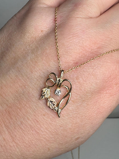 Black Hills Gold Free Form Diamond Heart Pendant Necklace Solid 10k With 14k Chain 18.5" - NewLifeJewelryVault