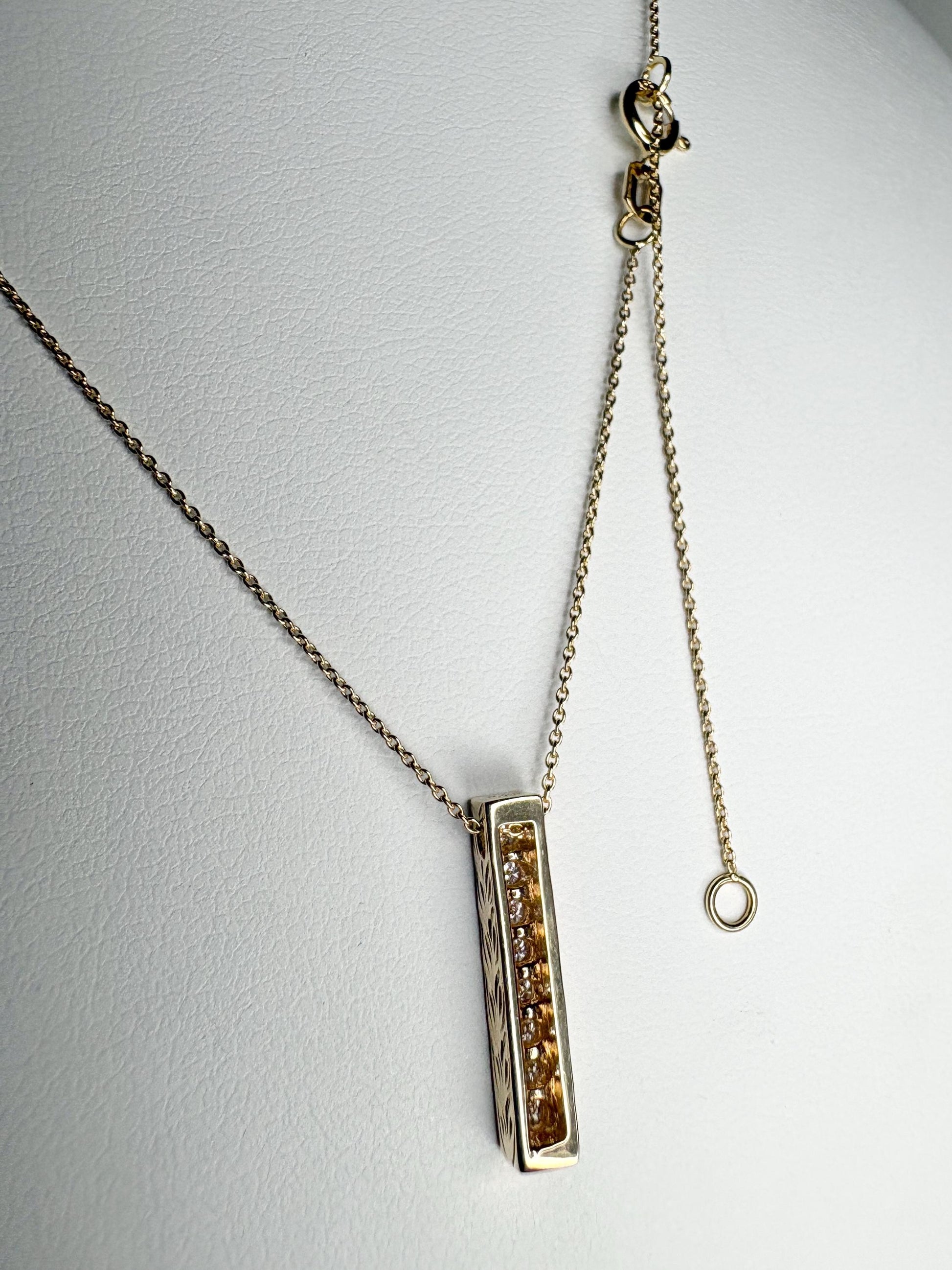 Vertical Diamond Maile Scroll Bar Pendant Necklace in Solid 14k Gold Adjustable Chain 16-18" - NewLifeJewelryVault