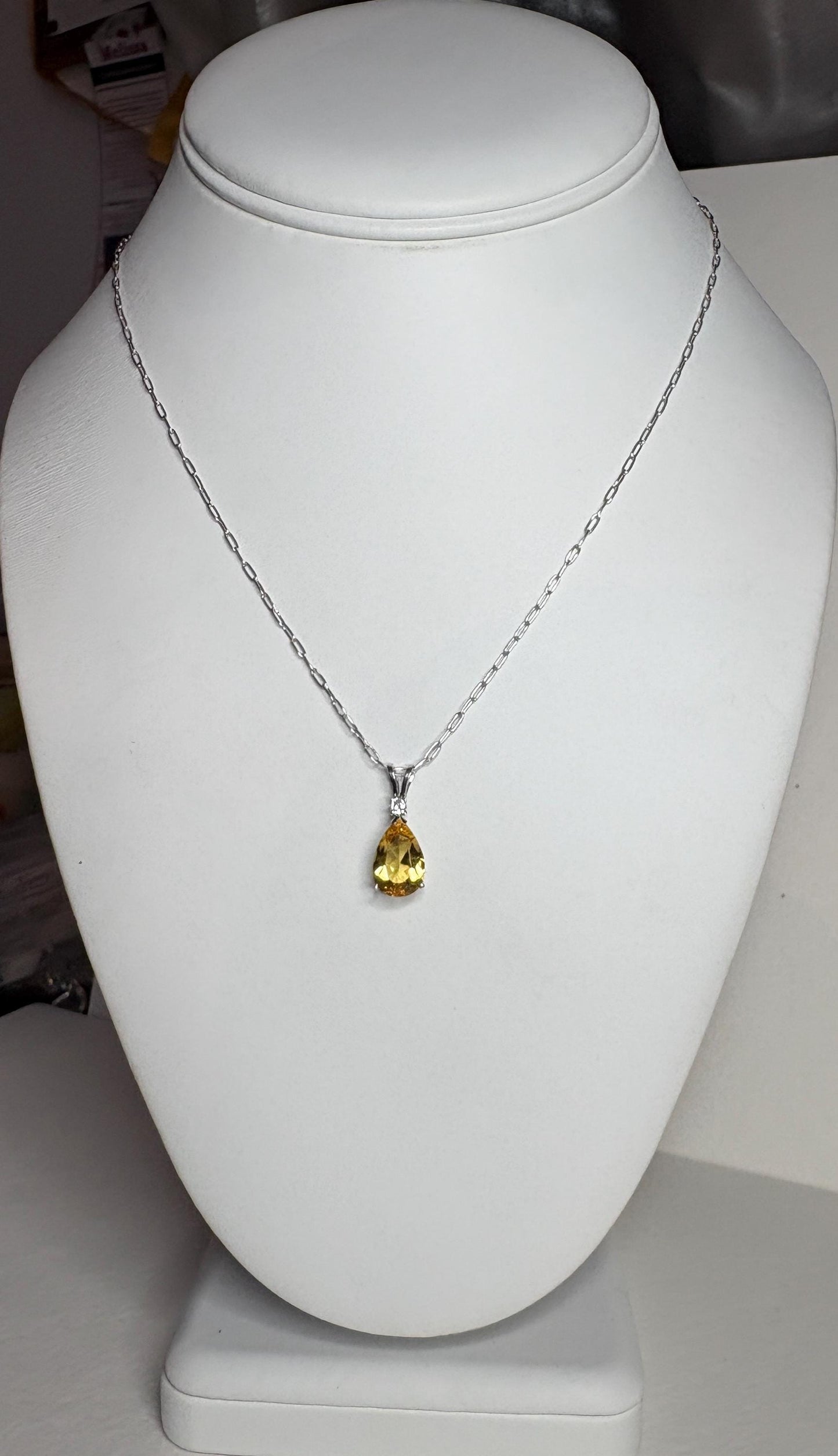 Heliodor Yellow Beryl and Diamond Pear shaped Pendant Necklace Solid 14k White Gold 16" - NewLifeJewelryVault