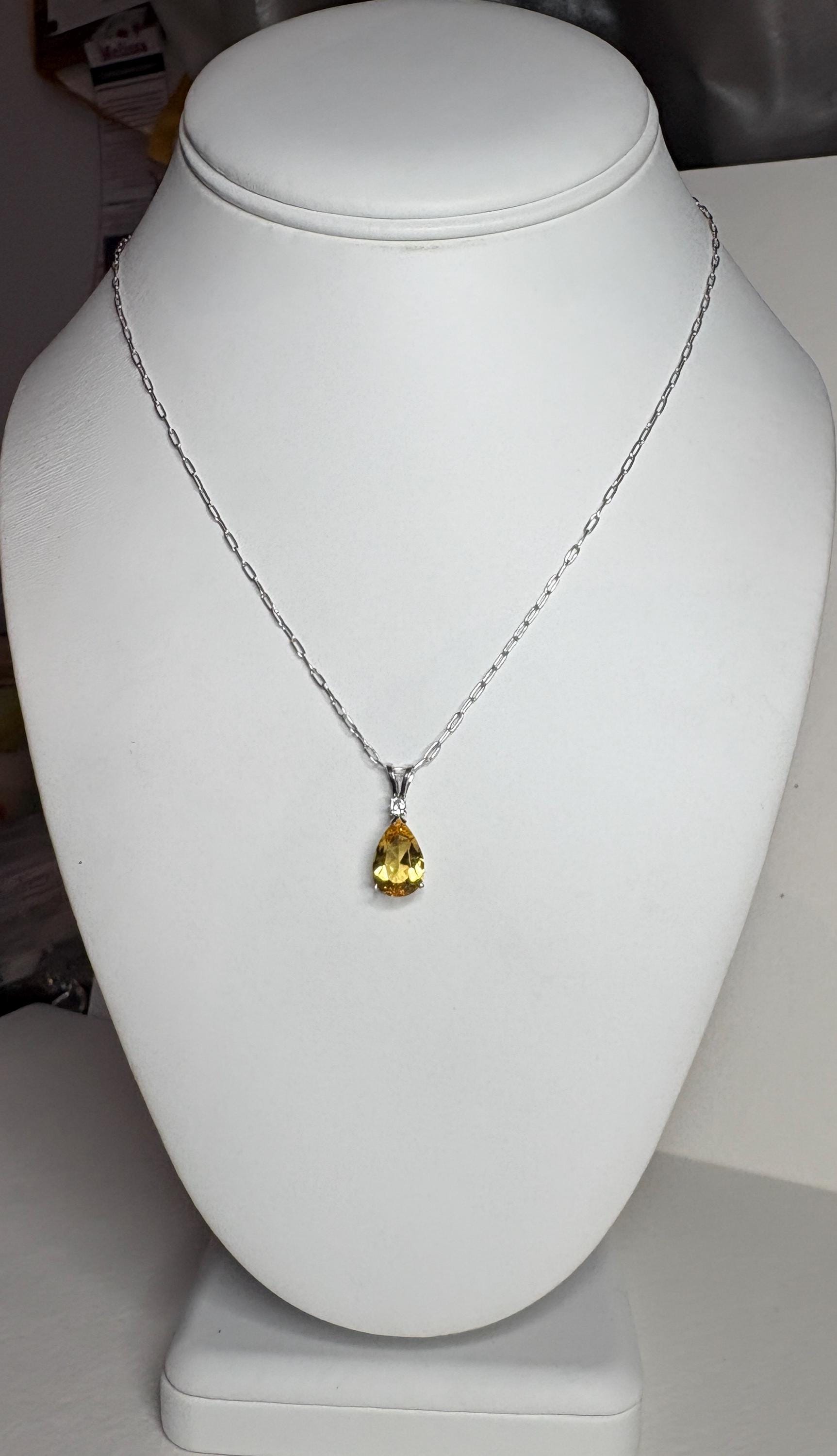 Heliodor Yellow Beryl and Diamond Pear shaped Pendant Necklace Solid 14k White Gold 16" - NewLifeJewelryVault