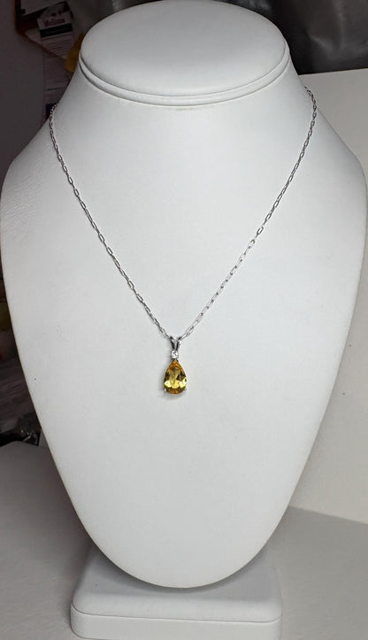 Heliodor Yellow Beryl and Diamond Pear shaped Pendant Necklace Solid 14k White Gold 16" - NewLifeJewelryVault