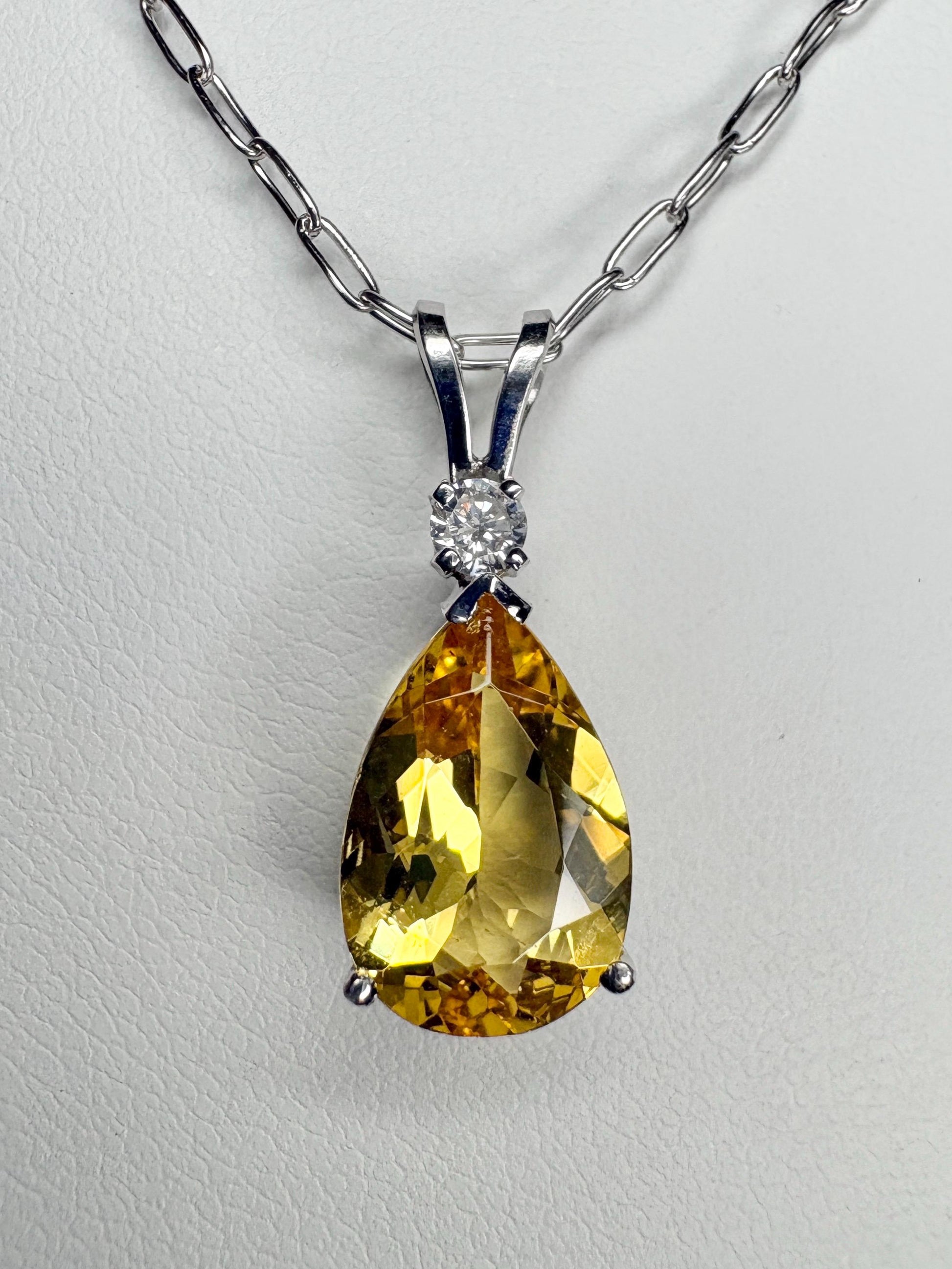 Heliodor Yellow Beryl and Diamond Pear shaped Pendant Necklace Solid 14k White Gold 16" - NewLifeJewelryVault