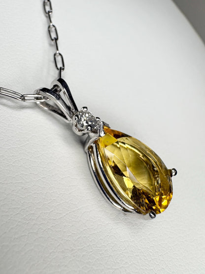 Heliodor Yellow Beryl and Diamond Pear shaped Pendant Necklace Solid 14k White Gold 16" - NewLifeJewelryVault