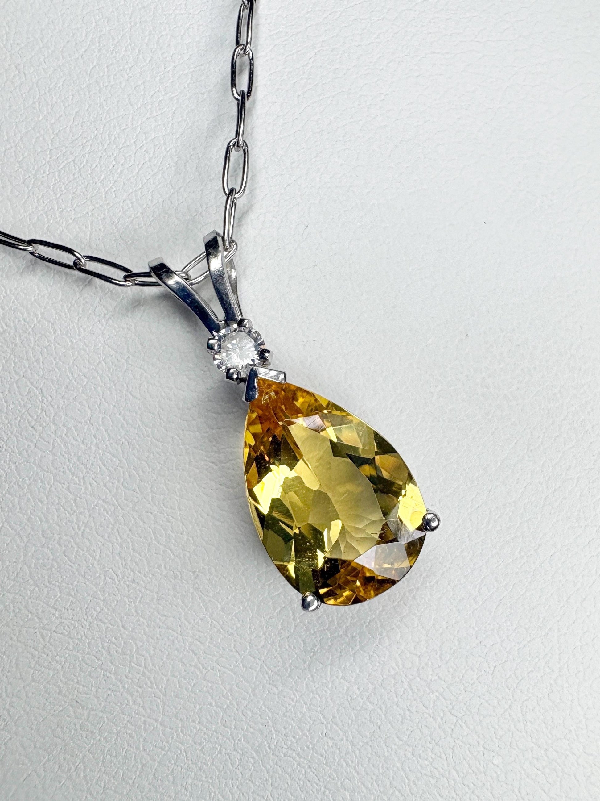 Heliodor Yellow Beryl and Diamond Pear shaped Pendant Necklace Solid 14k White Gold 16" - NewLifeJewelryVault