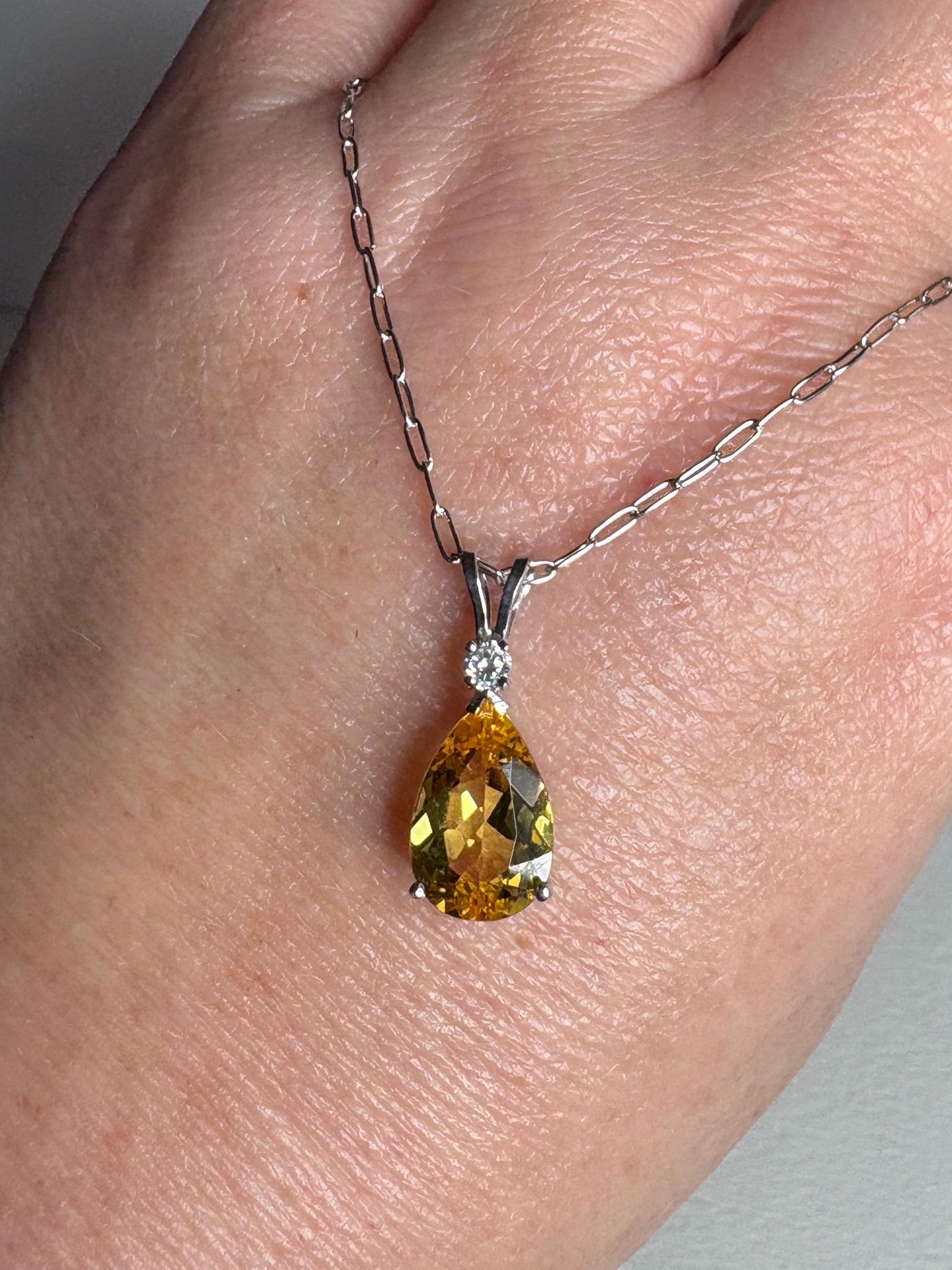 Heliodor Yellow Beryl and Diamond Pear shaped Pendant Necklace Solid 14k White Gold 16" - NewLifeJewelryVault