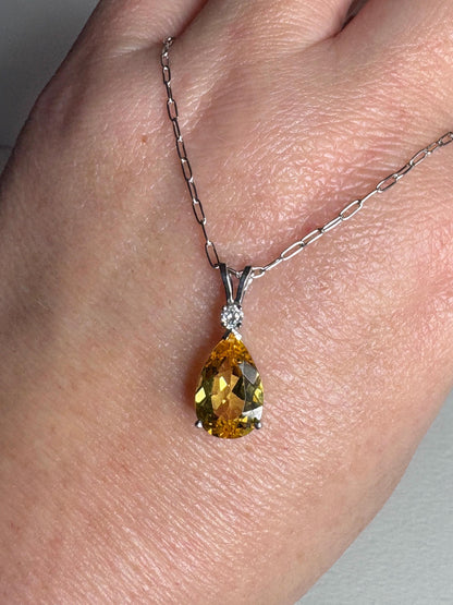 Heliodor Yellow Beryl and Diamond Pear shaped Pendant Necklace Solid 14k White Gold 16" - NewLifeJewelryVault