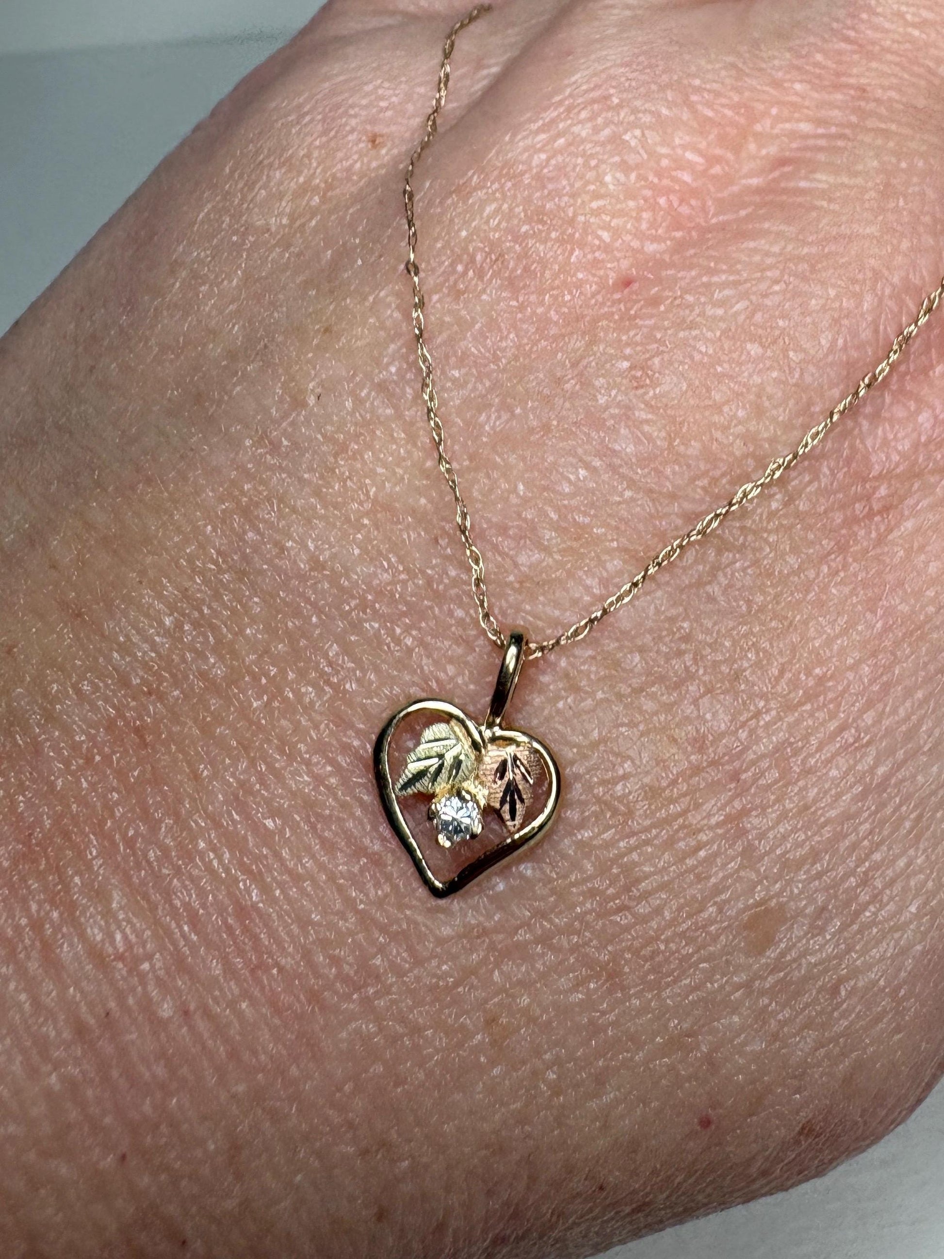 Black Hills Gold Natural Diamond Heart Pendant Necklace Solid 10k Gold 18" - NewLifeJewelryVault