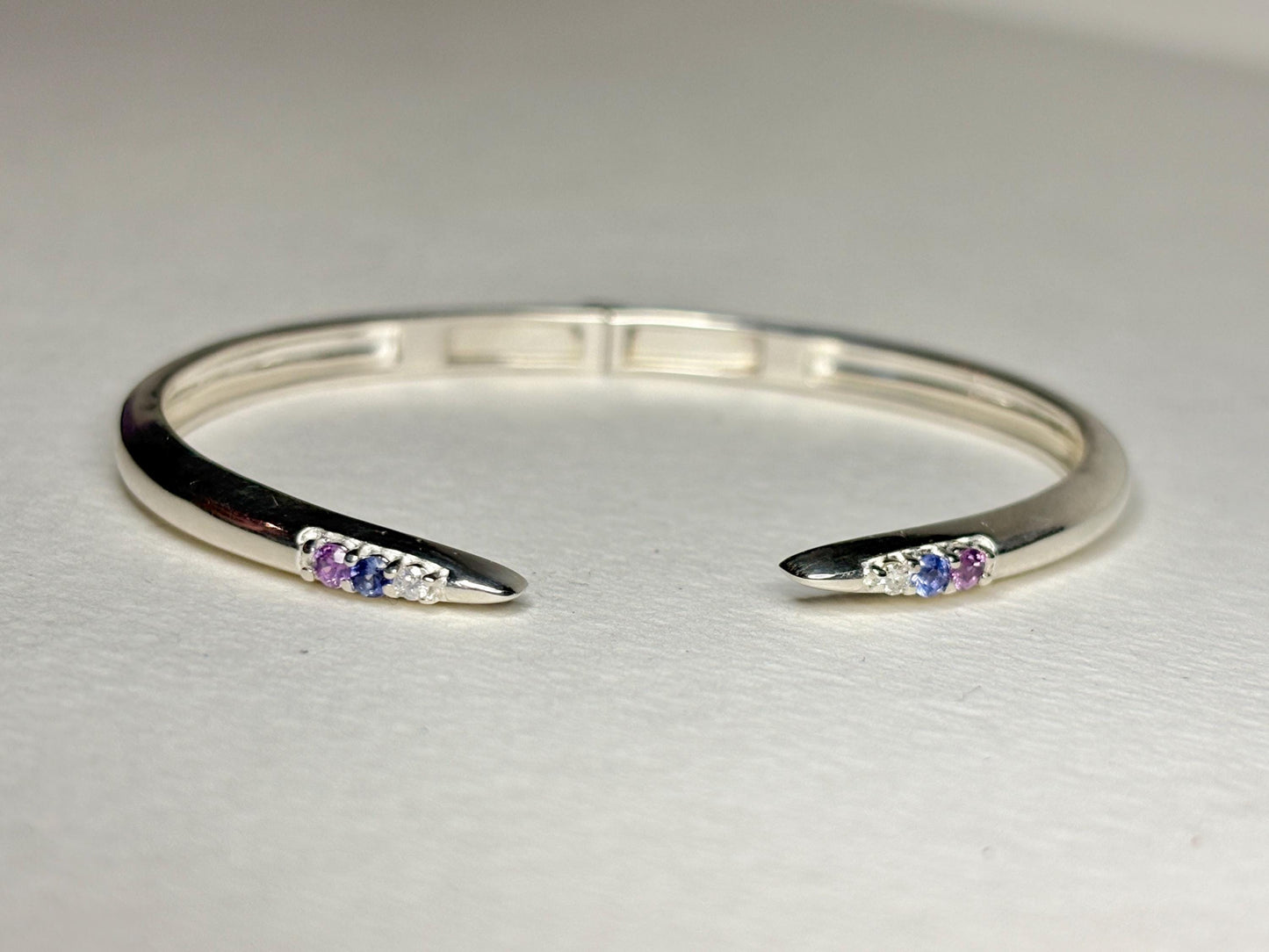 Open Cuff Bangle Purple Violet Sapphires with Diamonds Sterling Silver size Adjustable Medium - NewLifeJewelryVault