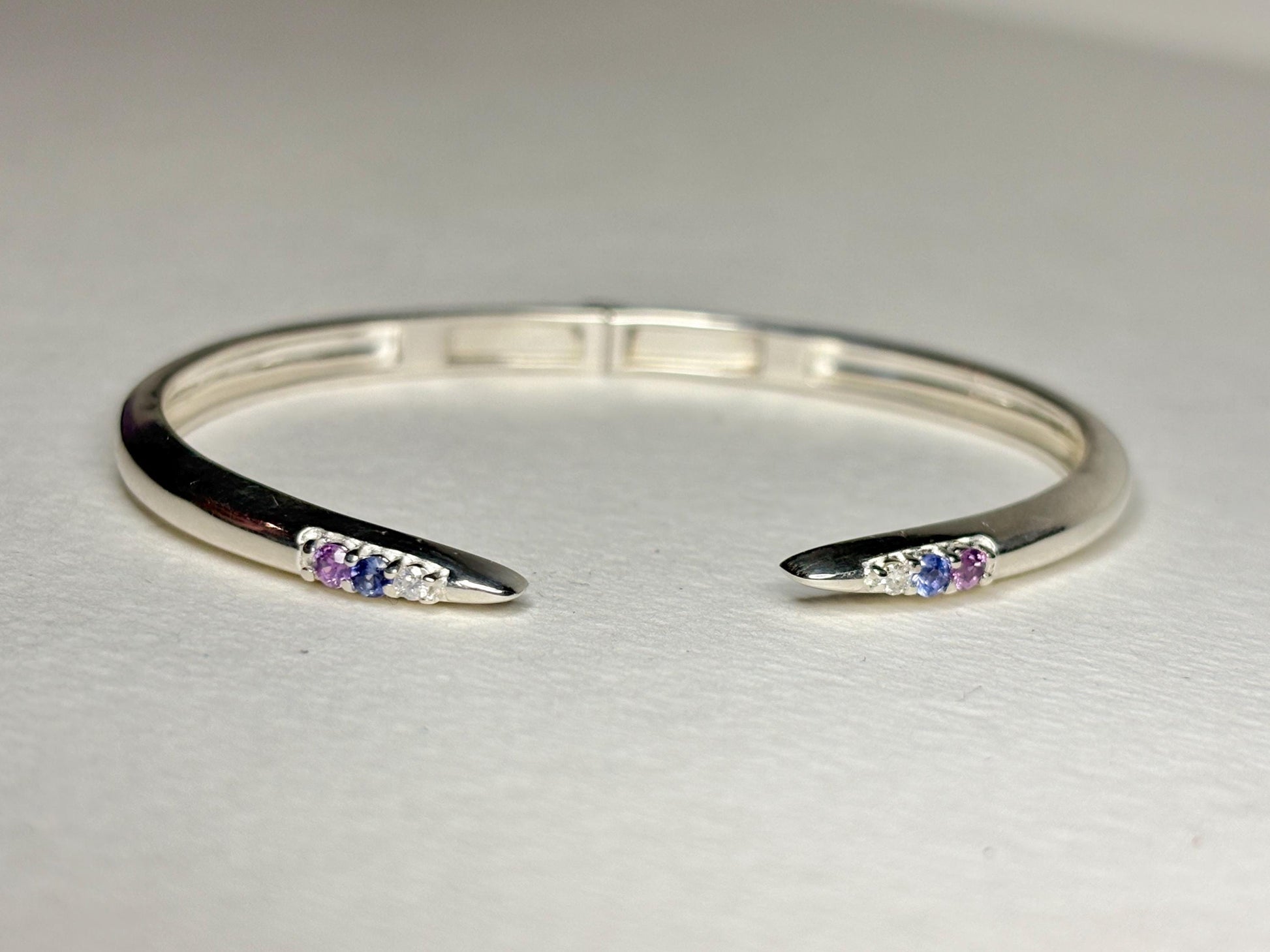 Open Cuff Bangle Purple Violet Sapphires with Diamonds Sterling Silver size Adjustable Medium - NewLifeJewelryVault