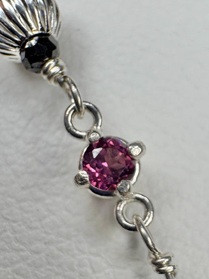 Rhodolite and Black Diamond Beaded Bracelet Sterling Silver 7.5" - NewLifeJewelryVault