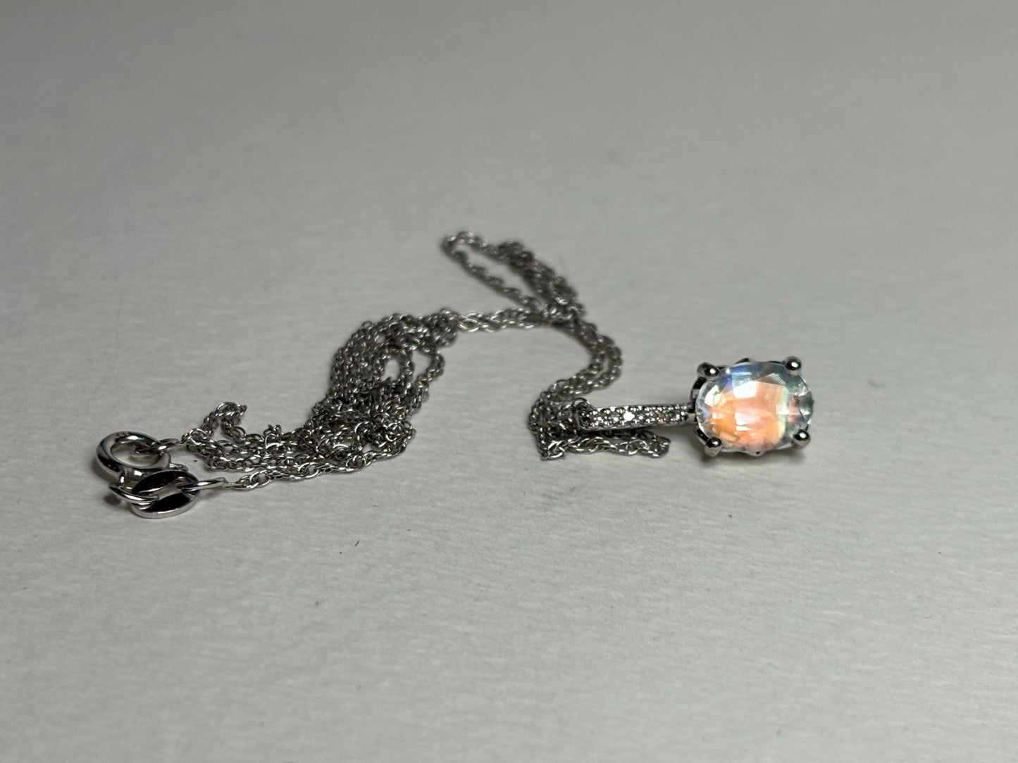 Madagascar Rainbow Moonstone and Diamond Pendant Necklace Sterling Silver 18" - NewLifeJewelryVault