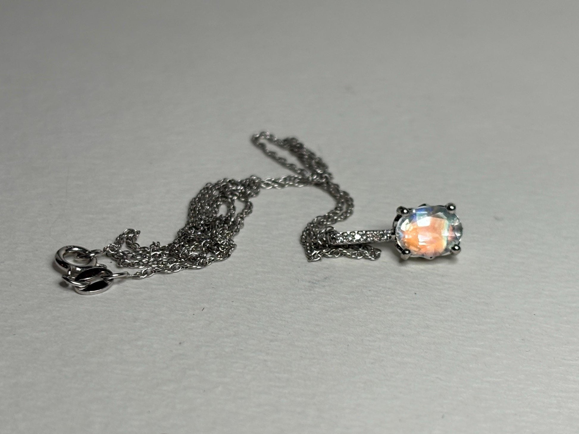 Madagascar Rainbow Moonstone and Diamond Pendant Necklace Sterling Silver 18" - NewLifeJewelryVault