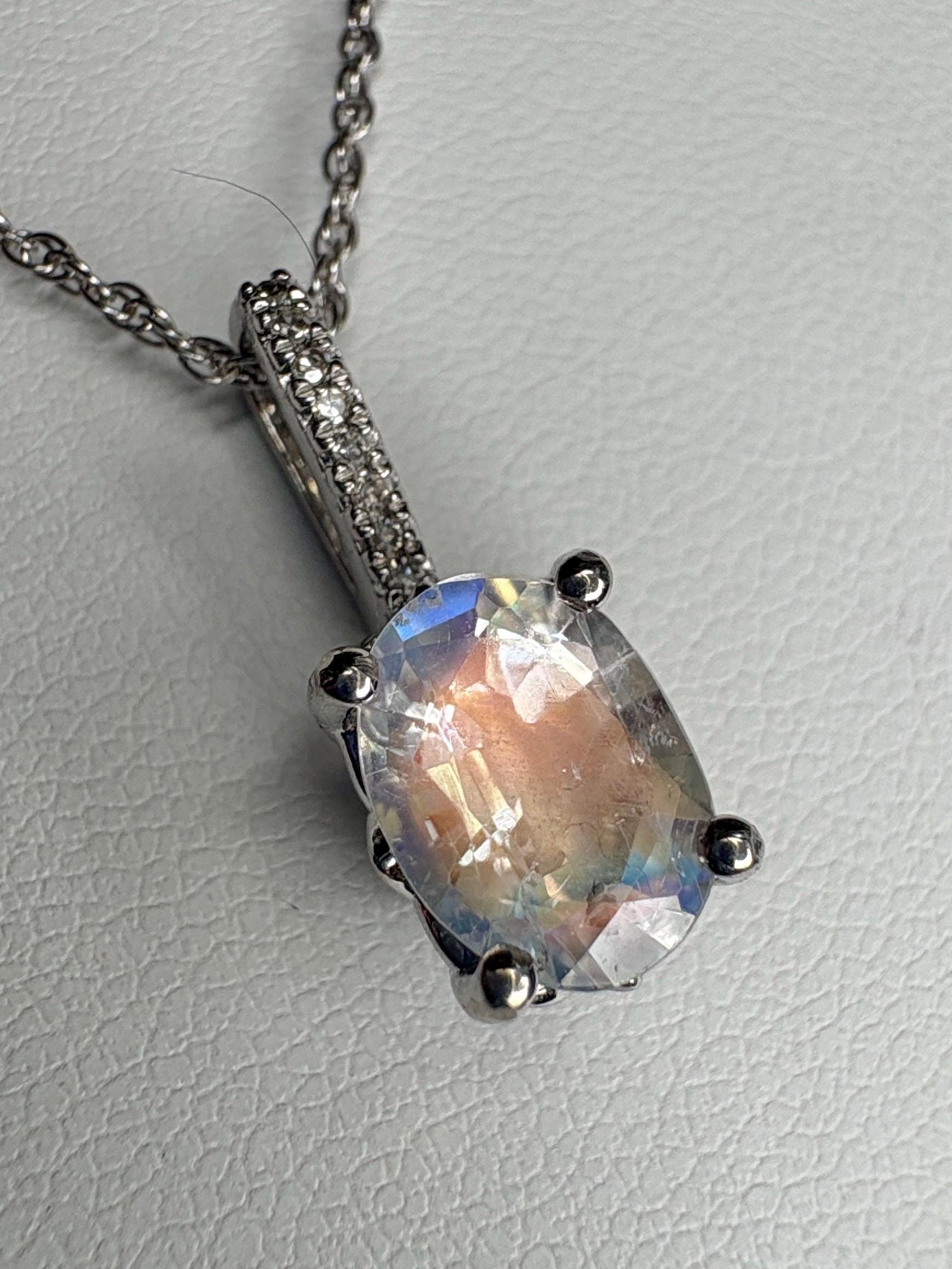 Madagascar Rainbow Moonstone and Diamond Pendant Necklace Sterling Silver 18" - NewLifeJewelryVault