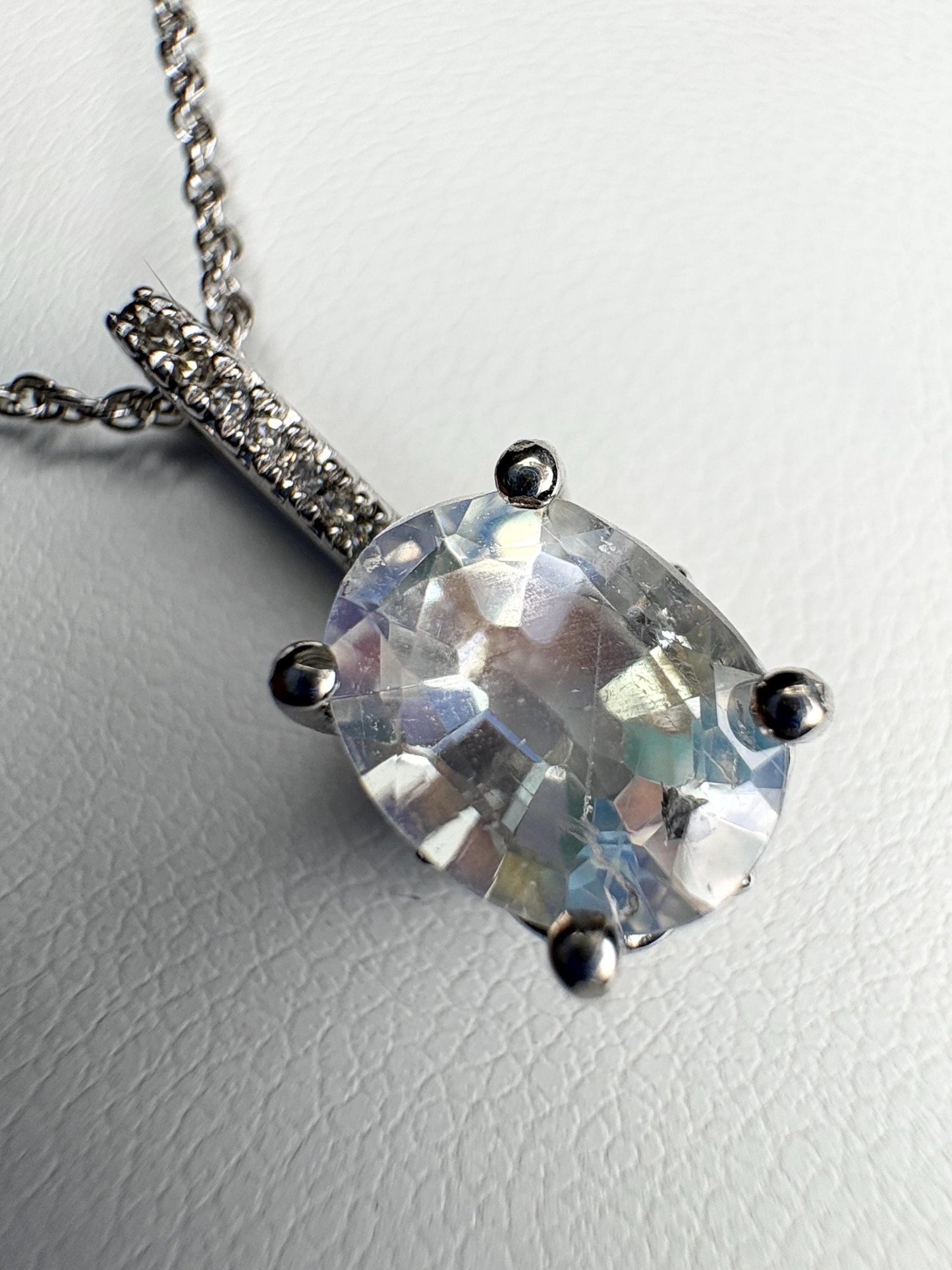 Madagascar Rainbow Moonstone and Diamond Pendant Necklace Sterling Silver 18" - NewLifeJewelryVault
