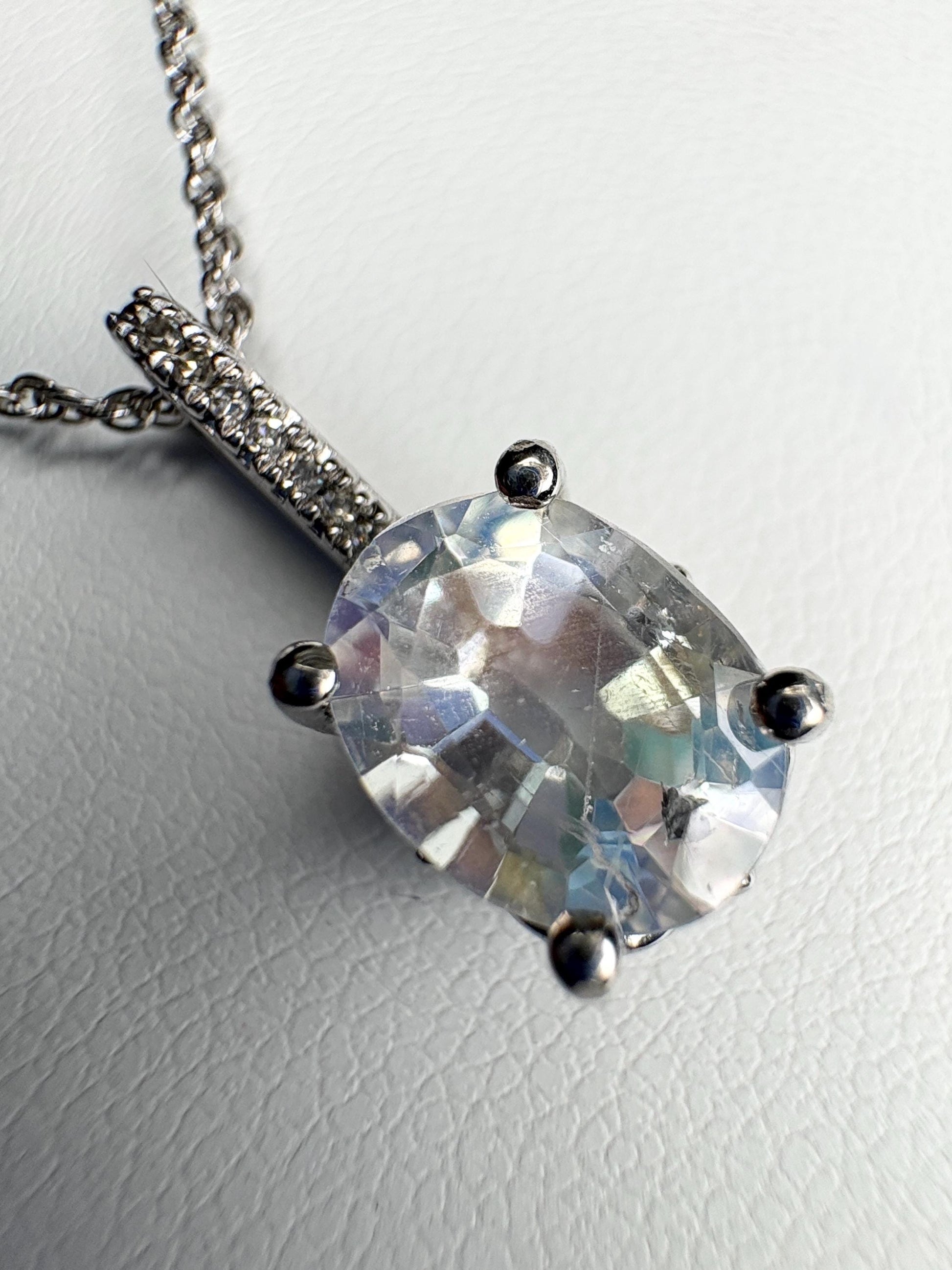 Madagascar Rainbow Moonstone and Diamond Pendant Necklace Sterling Silver 18" - NewLifeJewelryVault