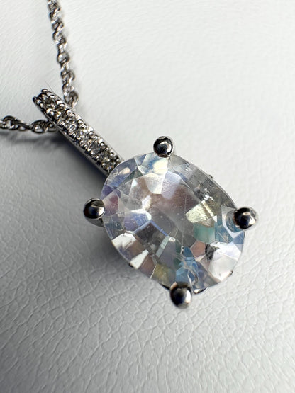 Madagascar Rainbow Moonstone and Diamond Pendant Necklace Sterling Silver 18" - NewLifeJewelryVault