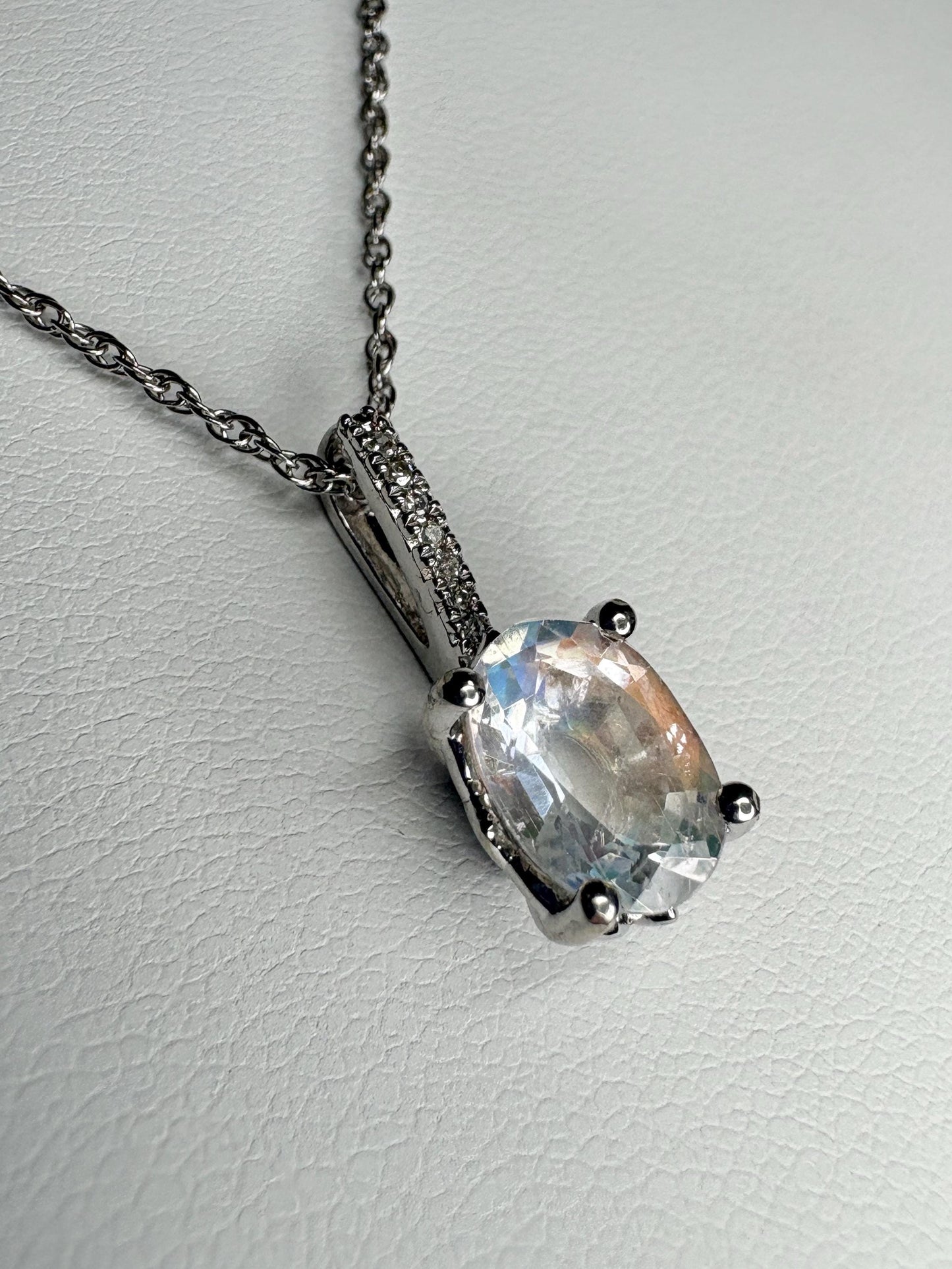 Madagascar Rainbow Moonstone and Diamond Pendant Necklace Sterling Silver 18" - NewLifeJewelryVault