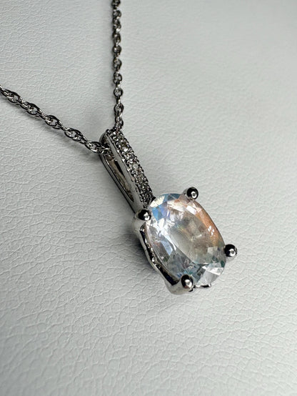 Madagascar Rainbow Moonstone and Diamond Pendant Necklace Sterling Silver 18" - NewLifeJewelryVault