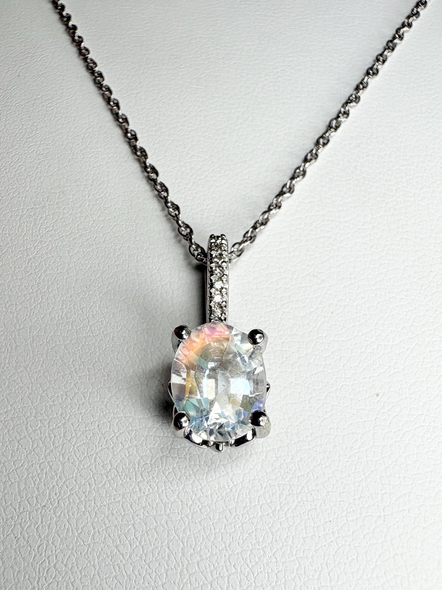 Madagascar Rainbow Moonstone and Diamond Pendant Necklace Sterling Silver 18" - NewLifeJewelryVault