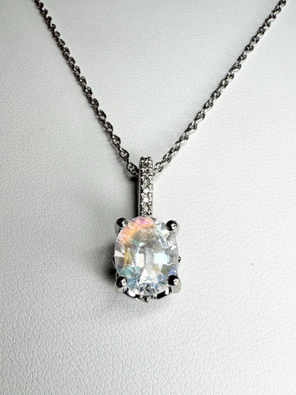 Madagascar Rainbow Moonstone and Diamond Pendant Necklace Sterling Silver 18" - NewLifeJewelryVault