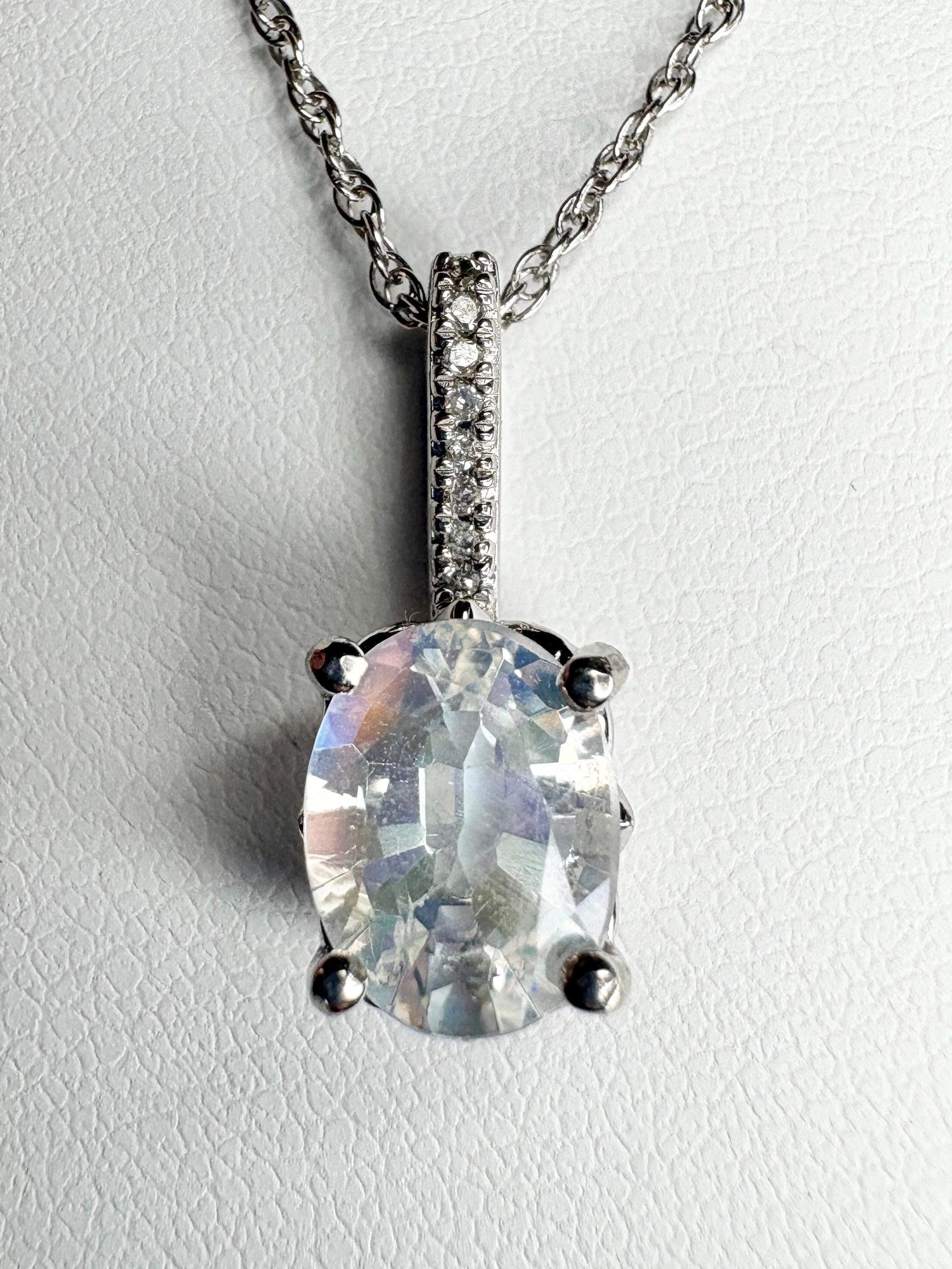 Madagascar Rainbow Moonstone and Diamond Pendant Necklace Sterling Silver 18" - NewLifeJewelryVault