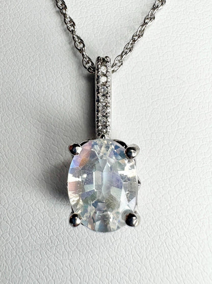 Madagascar Rainbow Moonstone and Diamond Pendant Necklace Sterling Silver 18" - NewLifeJewelryVault