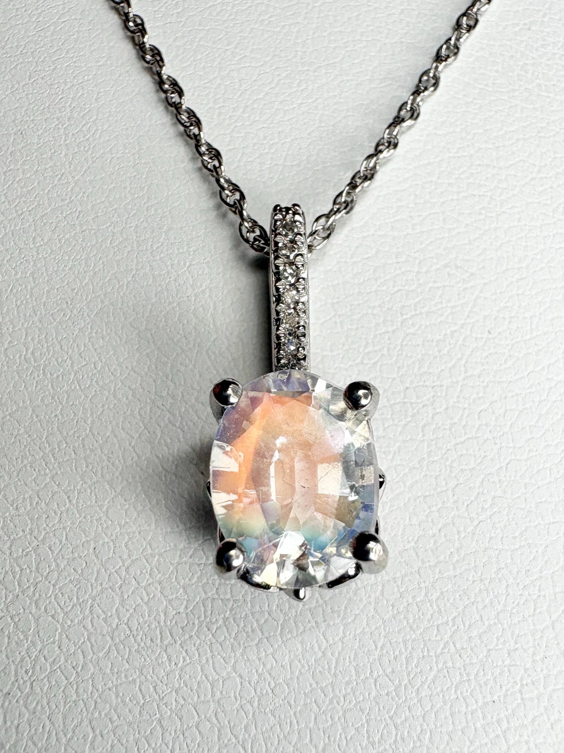 Madagascar Rainbow Moonstone and Diamond Pendant Necklace Sterling Silver 18" - NewLifeJewelryVault