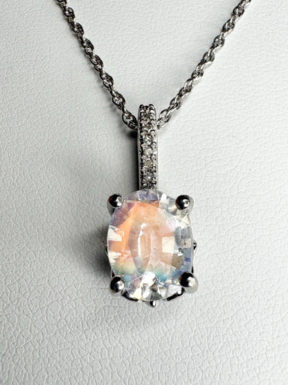 Madagascar Rainbow Moonstone and Diamond Pendant Necklace Sterling Silver 18" - NewLifeJewelryVault