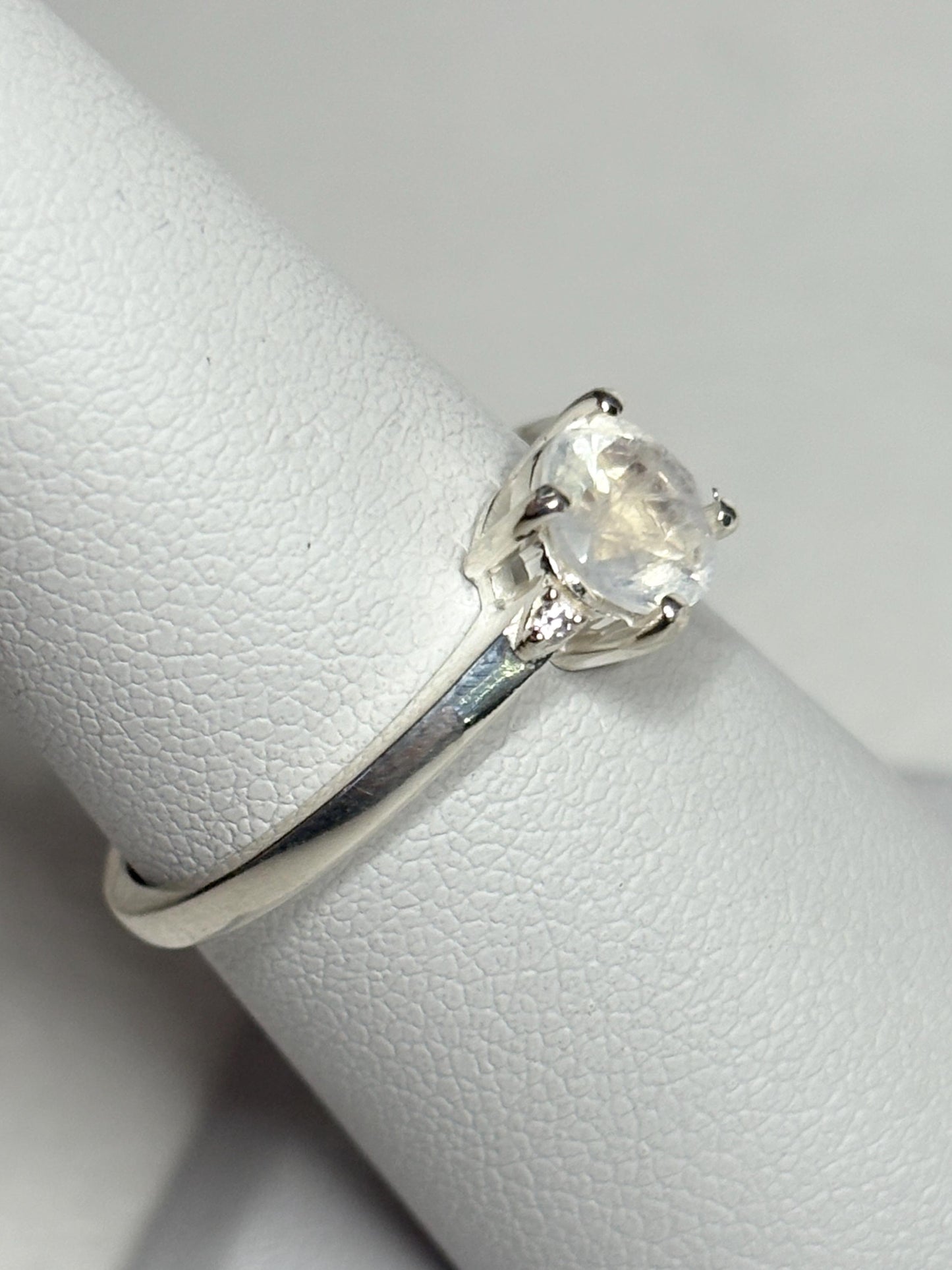 Rainbow Moonstone and Zircon Ring in Sterling Silver size 7 - NewLifeJewelryVault