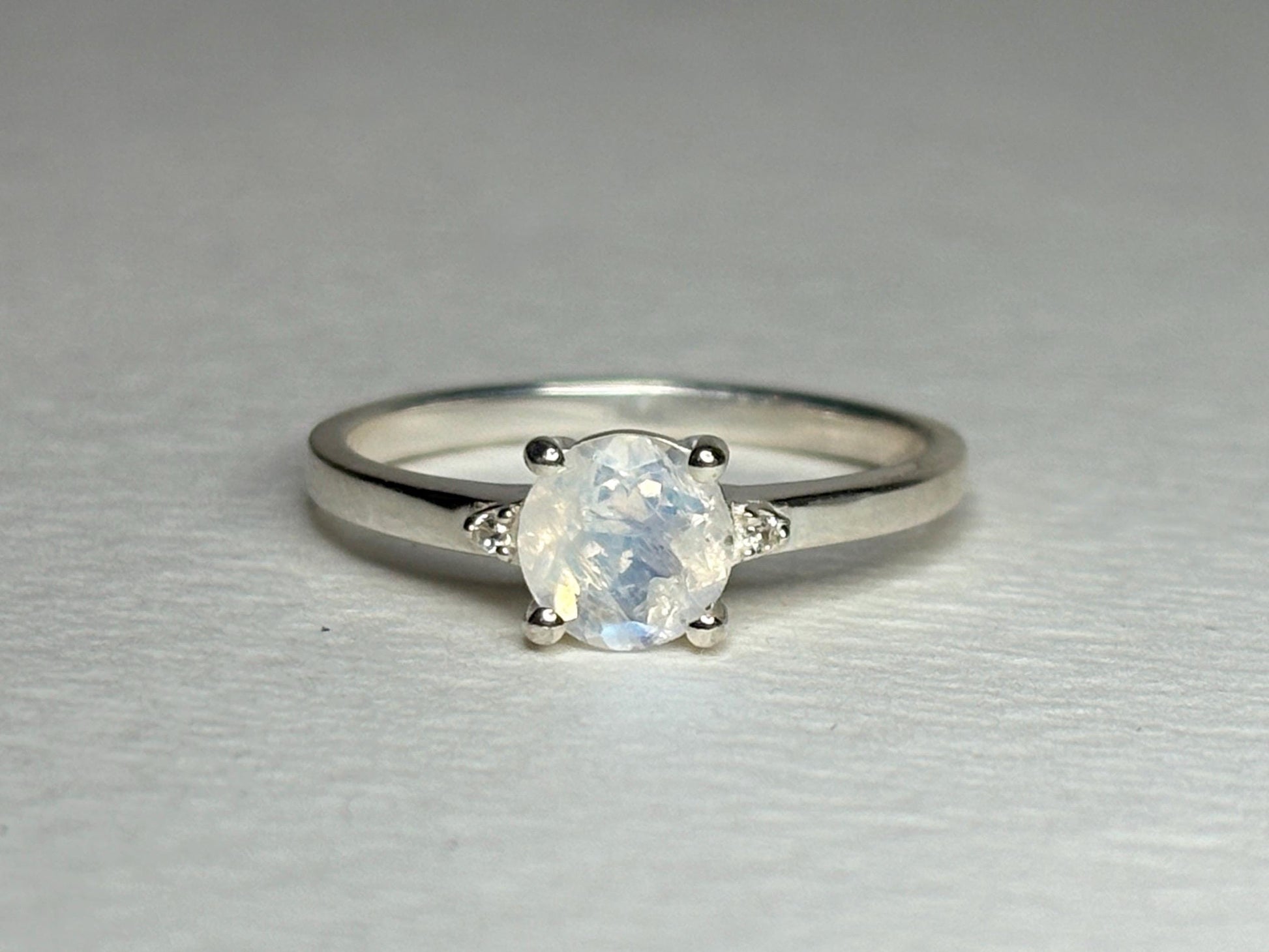 Rainbow Moonstone and Zircon Ring in Sterling Silver size 7 - NewLifeJewelryVault