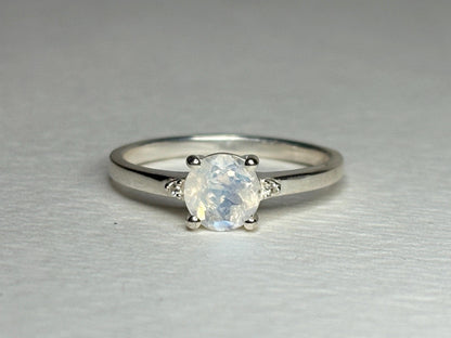 Rainbow Moonstone and Zircon Ring in Sterling Silver size 7 - NewLifeJewelryVault