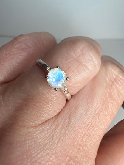 Rainbow Moonstone and Zircon Ring in Sterling Silver size 7 - NewLifeJewelryVault