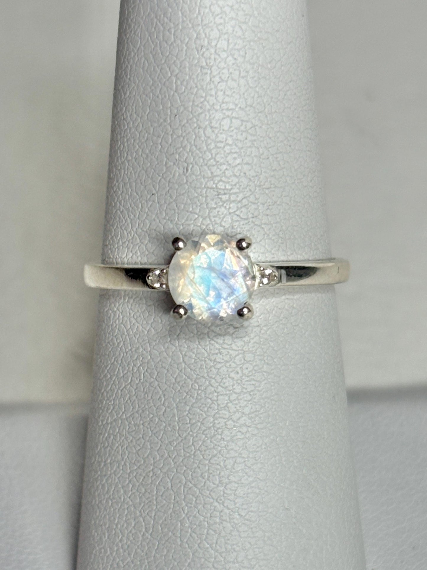 Rainbow Moonstone and Zircon Ring in Sterling Silver size 7 - NewLifeJewelryVault