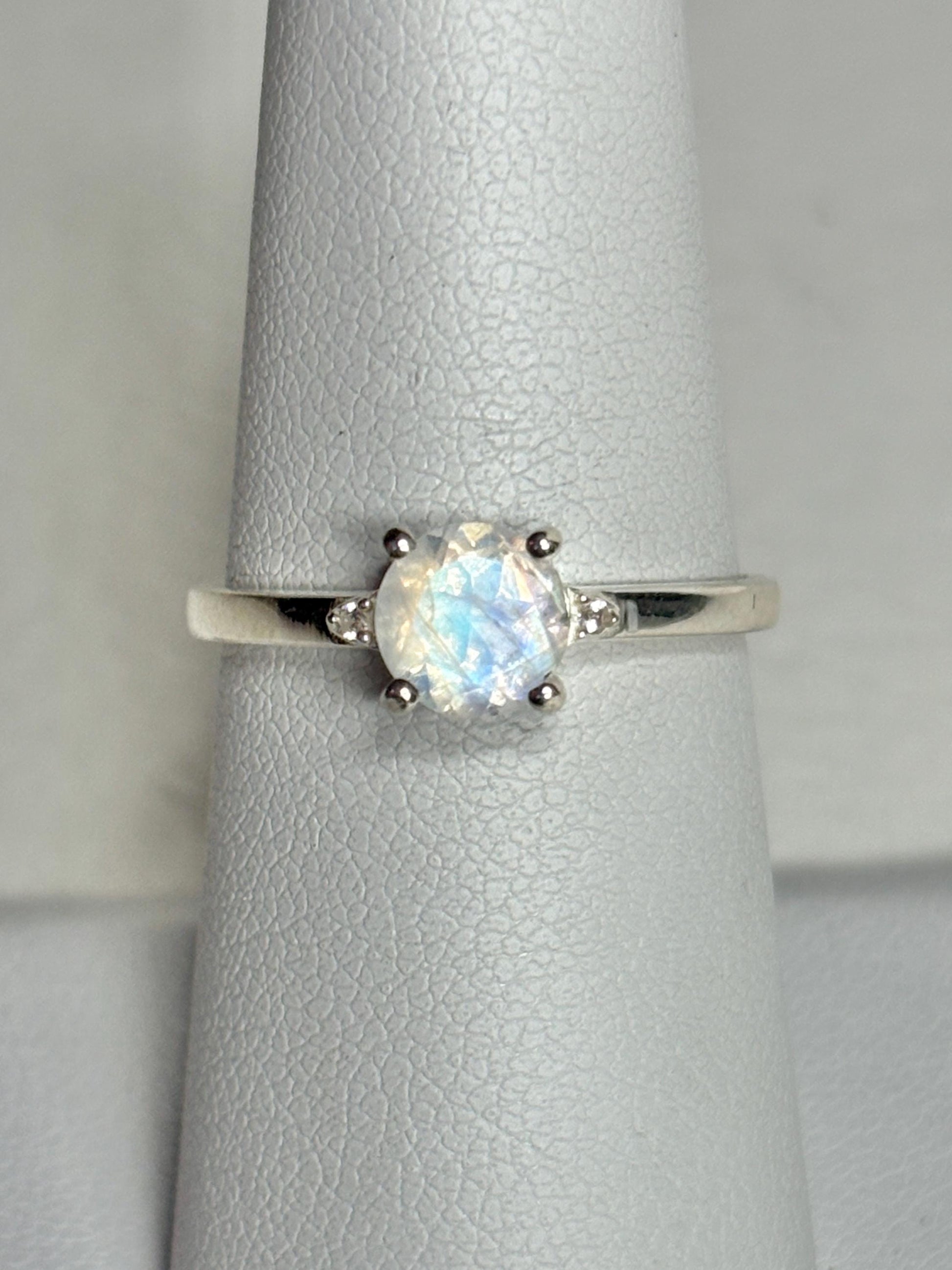 Rainbow Moonstone and Zircon Ring in Sterling Silver size 7 - NewLifeJewelryVault