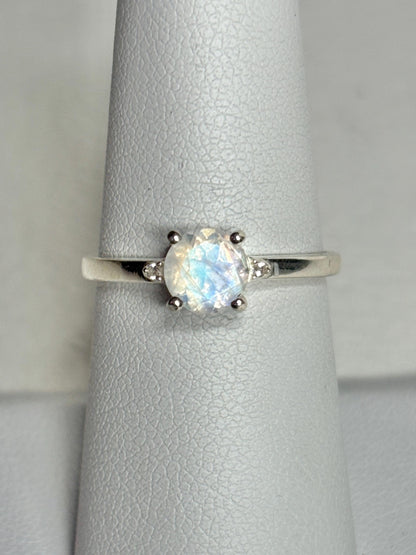 Rainbow Moonstone and Zircon Ring in Sterling Silver size 7 - NewLifeJewelryVault