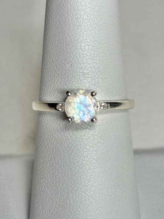 Rainbow Moonstone and Zircon Ring in Sterling Silver size 7 - NewLifeJewelryVault