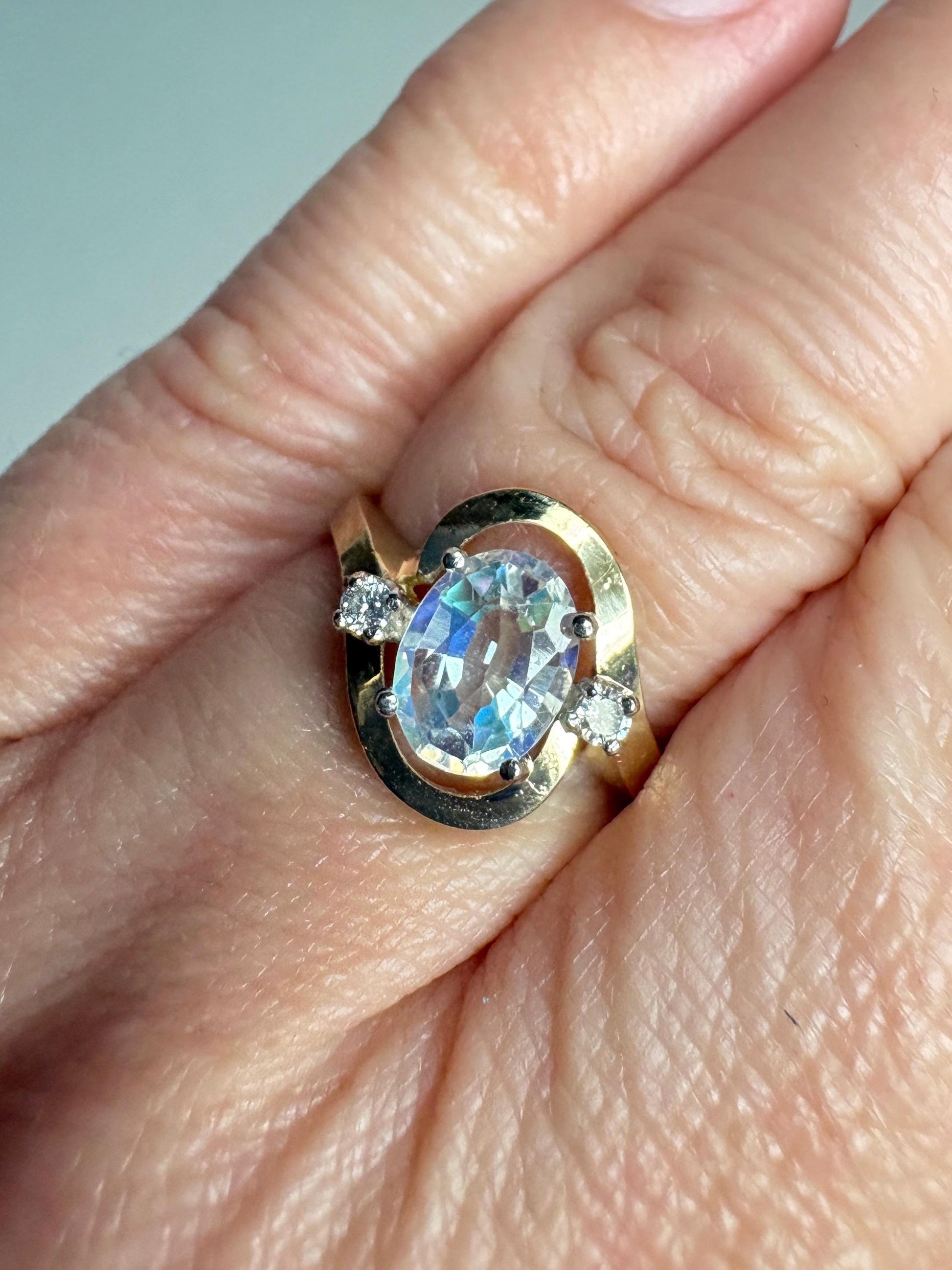 Madagascar Rainbow Moonstone and Diamond Ring Solid 14k Gold size 6.25 - NewLifeJewelryVault